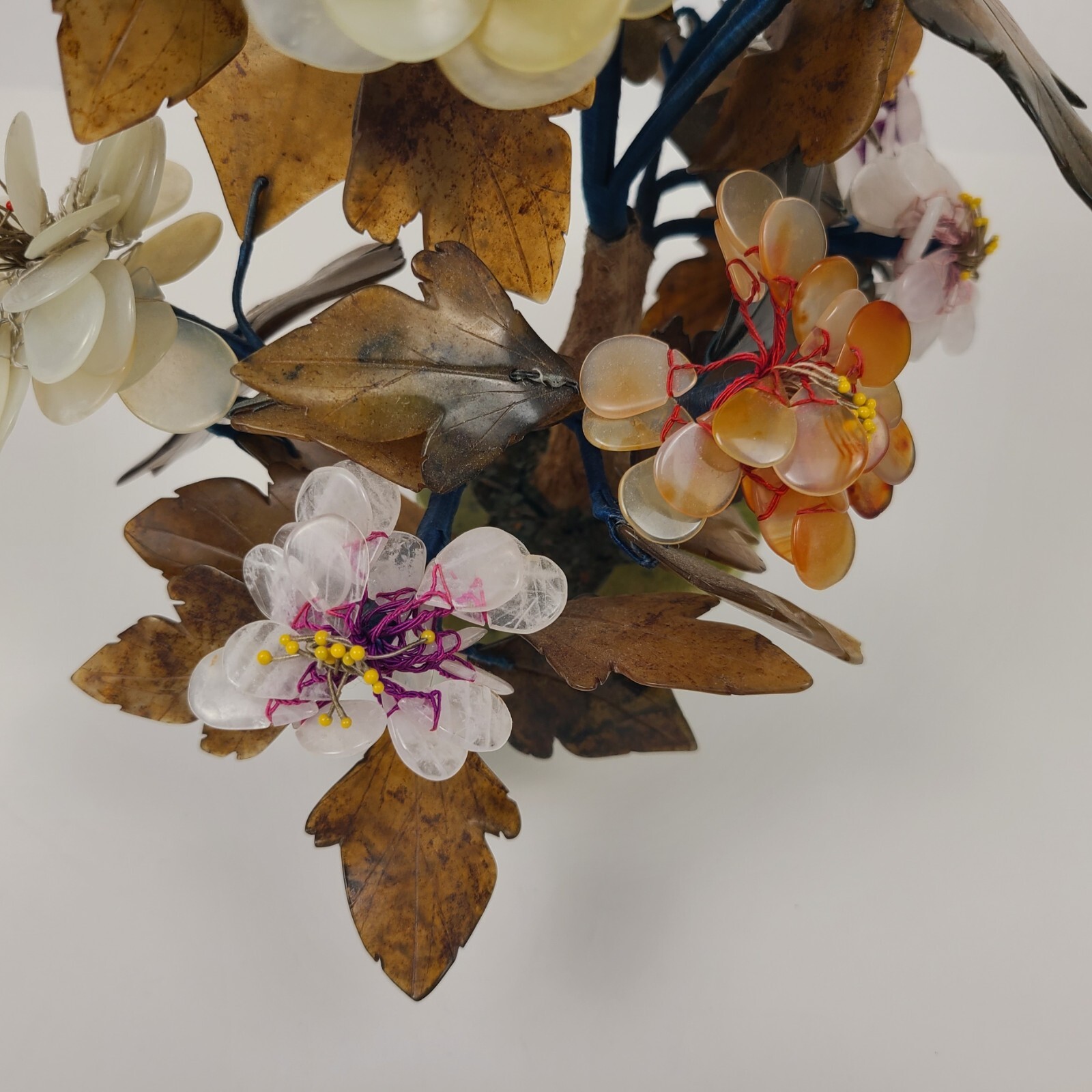 Vtg MCM Carved Agate Jade Quartz Bonsai Tree Flower Blossom Plant 11″ Tall Asian