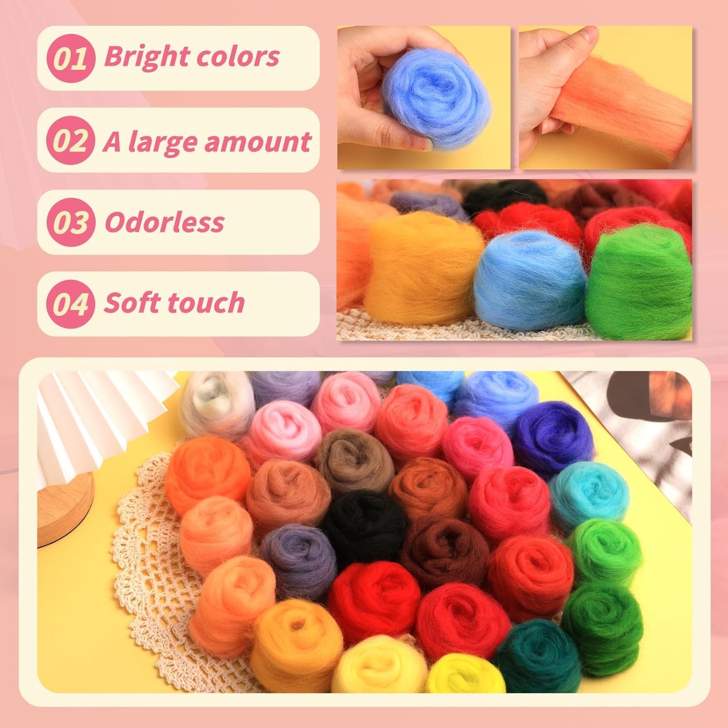Needle Wool Felting Tools Kit Colorful Wool Roving (5g/Color) Set for Beginners