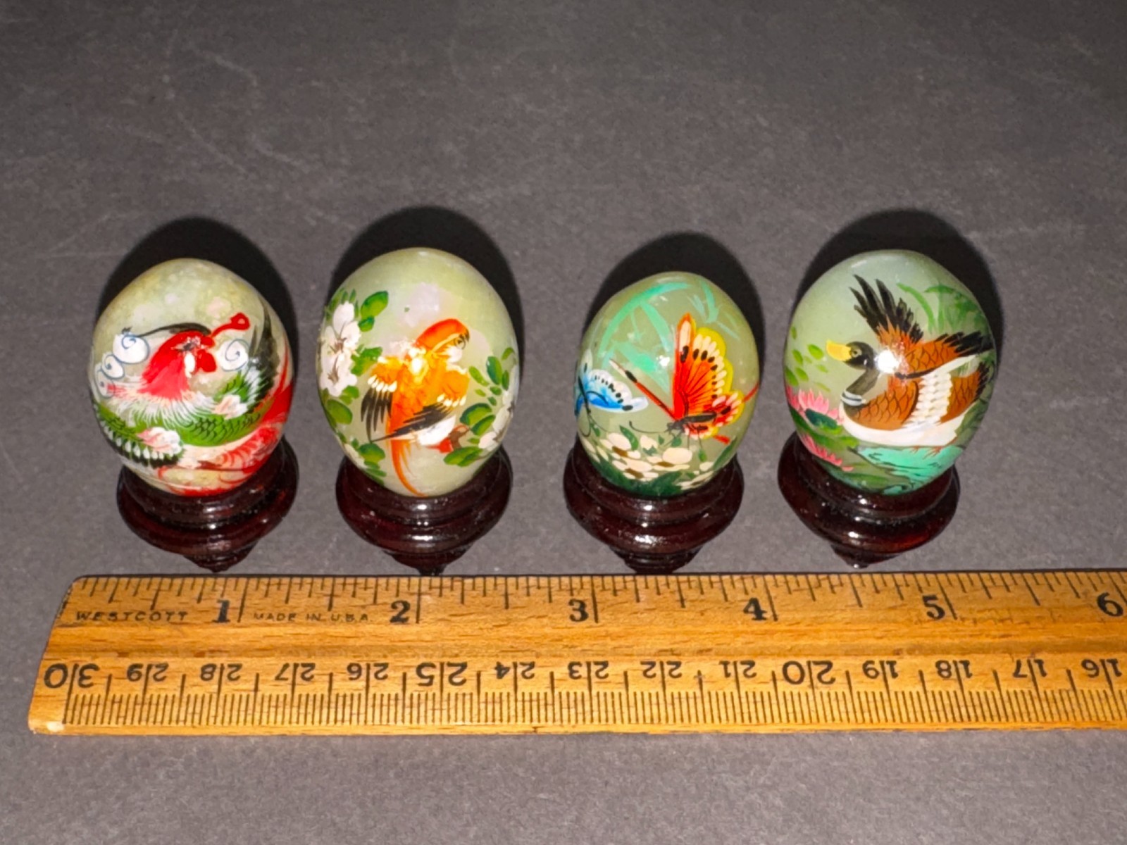LOT OF 10 HAND PAINTED CHINESE HSIU STONE JADE EGGS WITH WOOD BASE STANDS W/ BOX