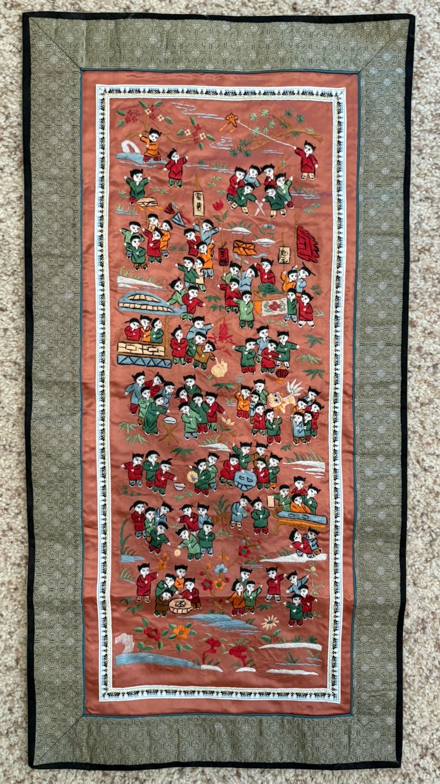 Vintage (2) Chinese Silk Embroidery Tapestry 100 Children Playing Wall Art Decor