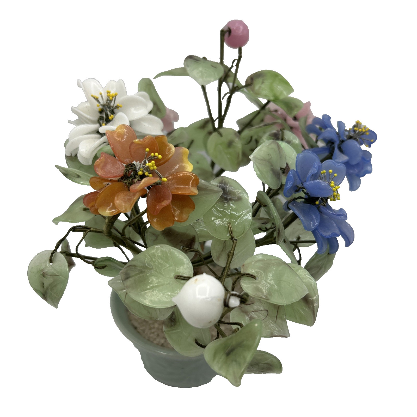 Chinese Jade Agate Glass Leaves Flowers Bonsai Tree 11″ 20th Century Vintage