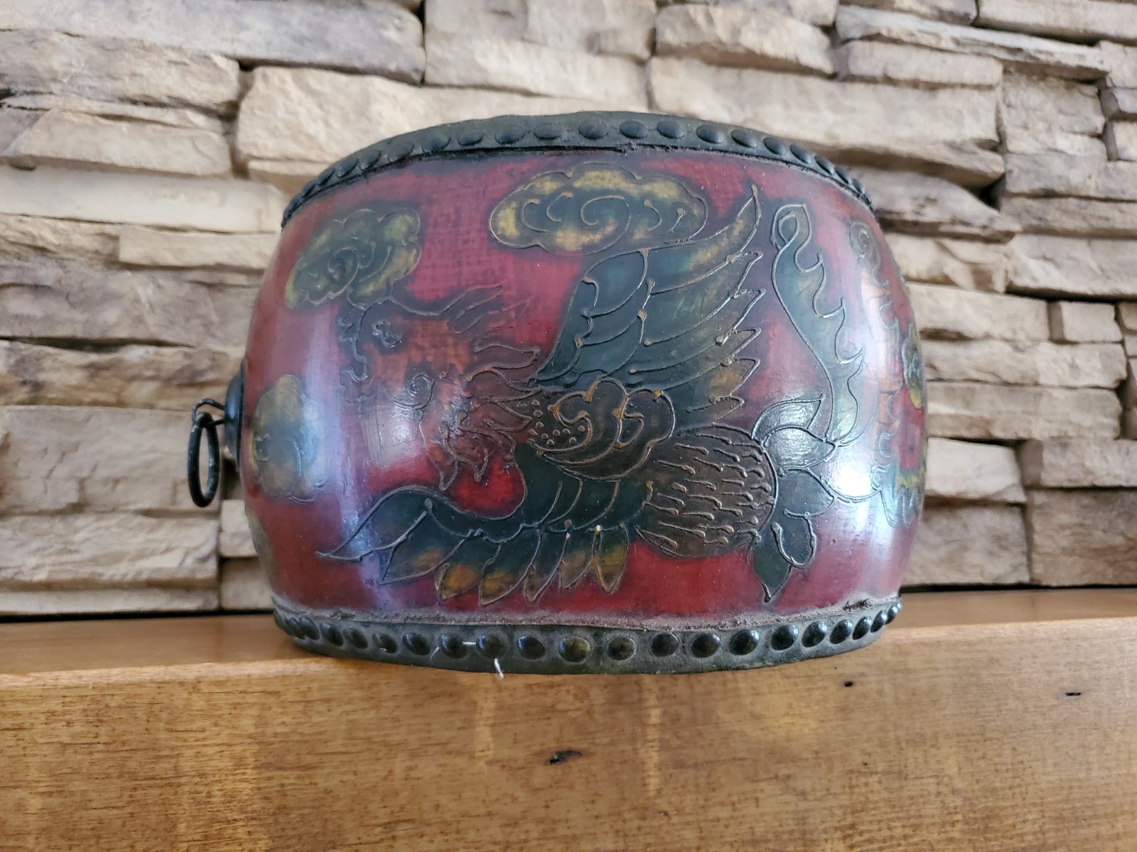 Vintage Double Sided Chinese Leather Drum Dragon Hand Painted 10″OA
