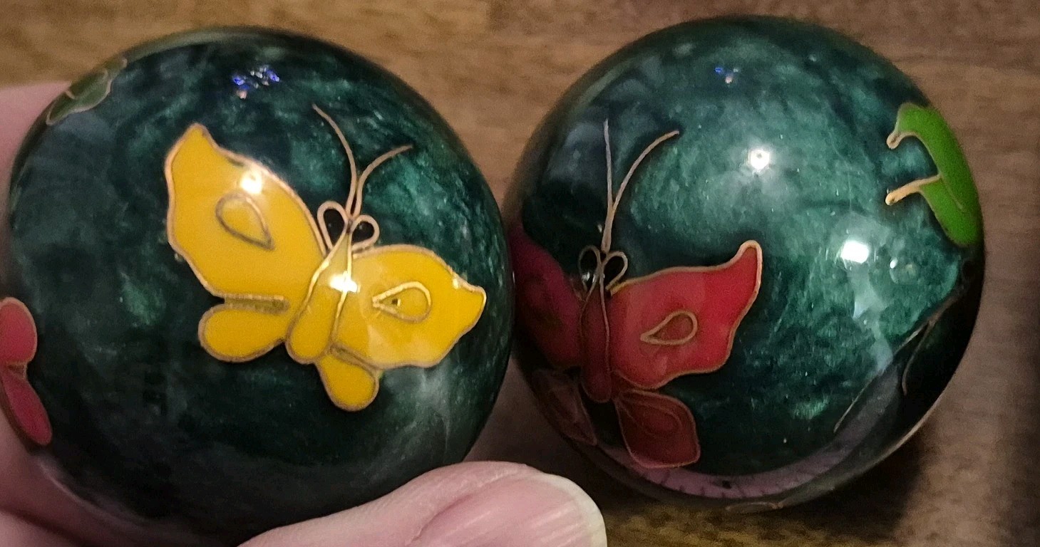 Chinese Shouxing Baoding Balls ~ Vintage ~ Enamel Butterflies ~Original Brochure