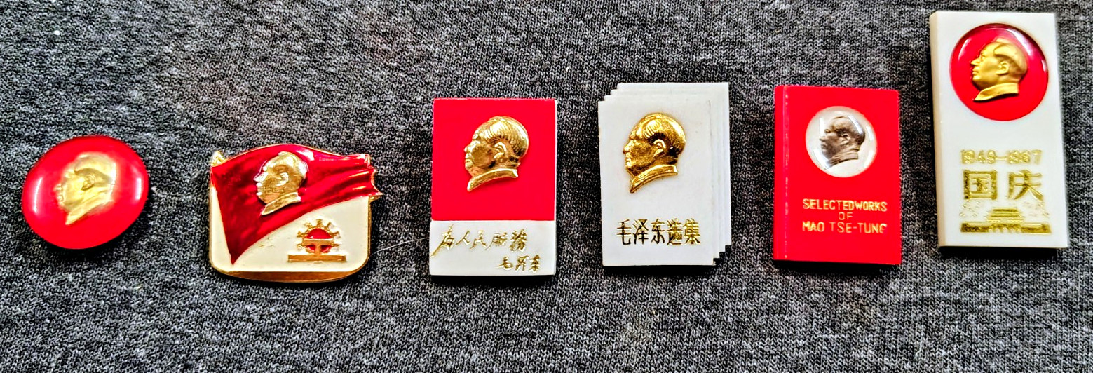 Chinese Chairman Mao Zedong Badge & Lapel Pins Lot of 6 Gold-Tone Red/White