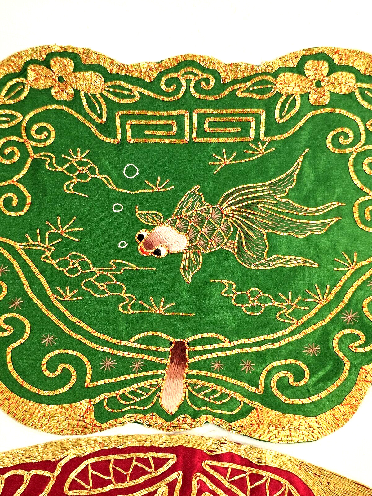 2-VTG Golden Cloud Chinese Hand Embroidered Gold Thread Silk Fish Doily Mats