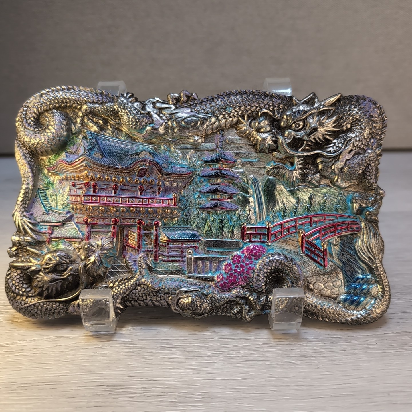 Antique Chinese Dragon Repousse Metal Tray Plaque Wall Art Jewelry Box Lid 7″x4″