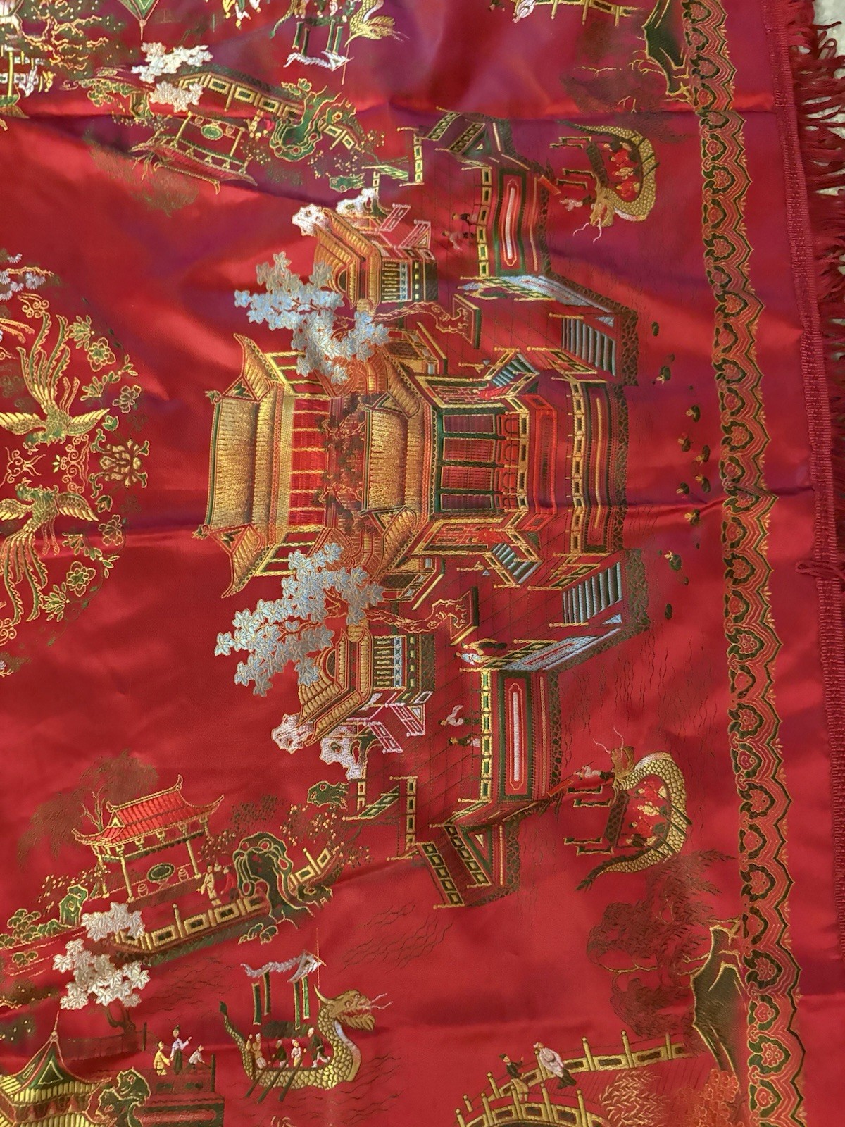 Vintage Brocaded Flowers Chinese Silk Tapestry Table Cloth 38” X 38”