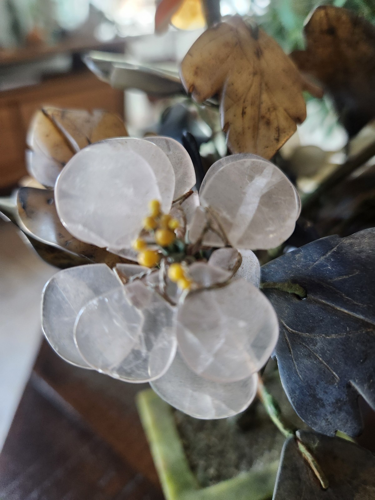 Vintage Chinese Jade And Multi Color Semi Precious Stone Flower Bonsai Tree
