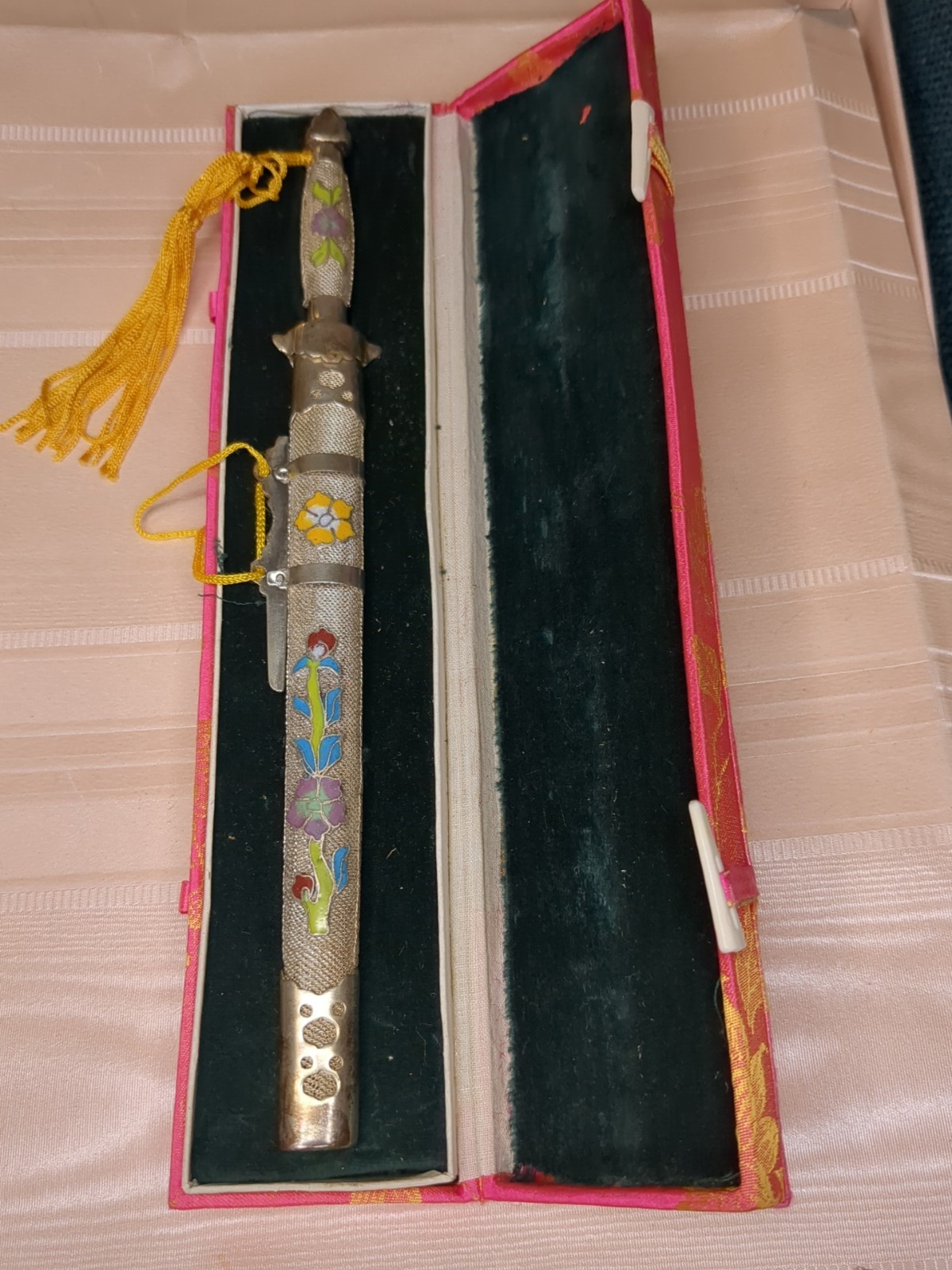 Vintage Chinese Cloisonne Letter Opener Dagger In Brocade Gift Box