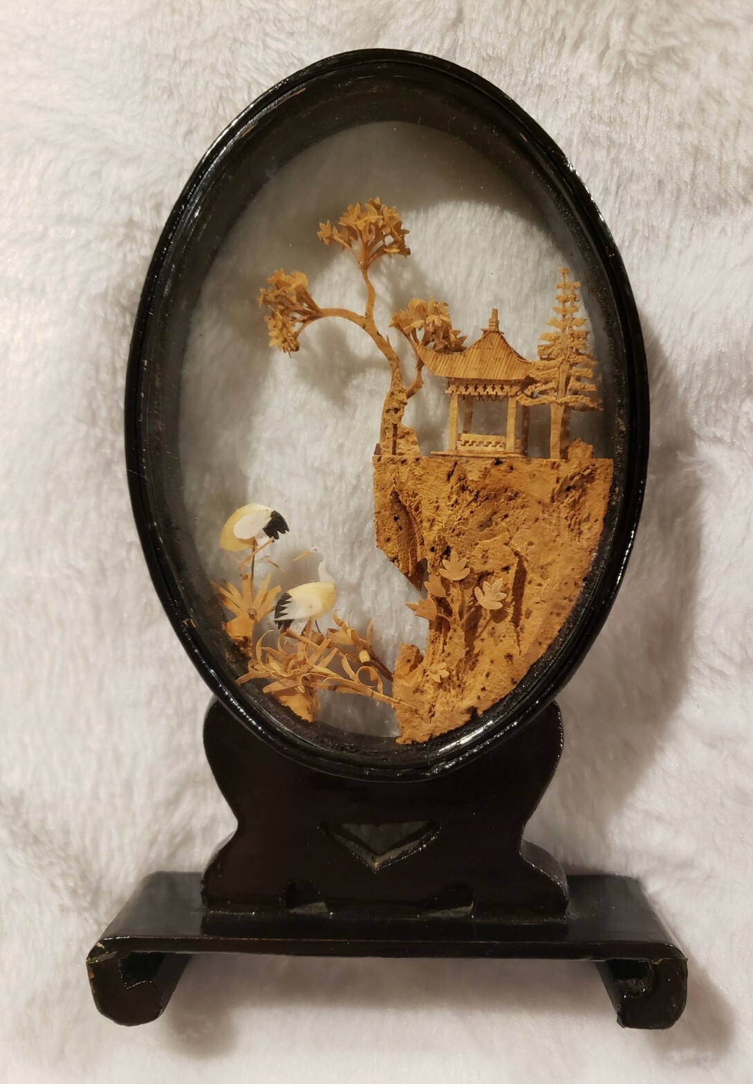 Vintage Hand Carved Cork Diorama Cranes Pagoda Trees Art, Glass Case