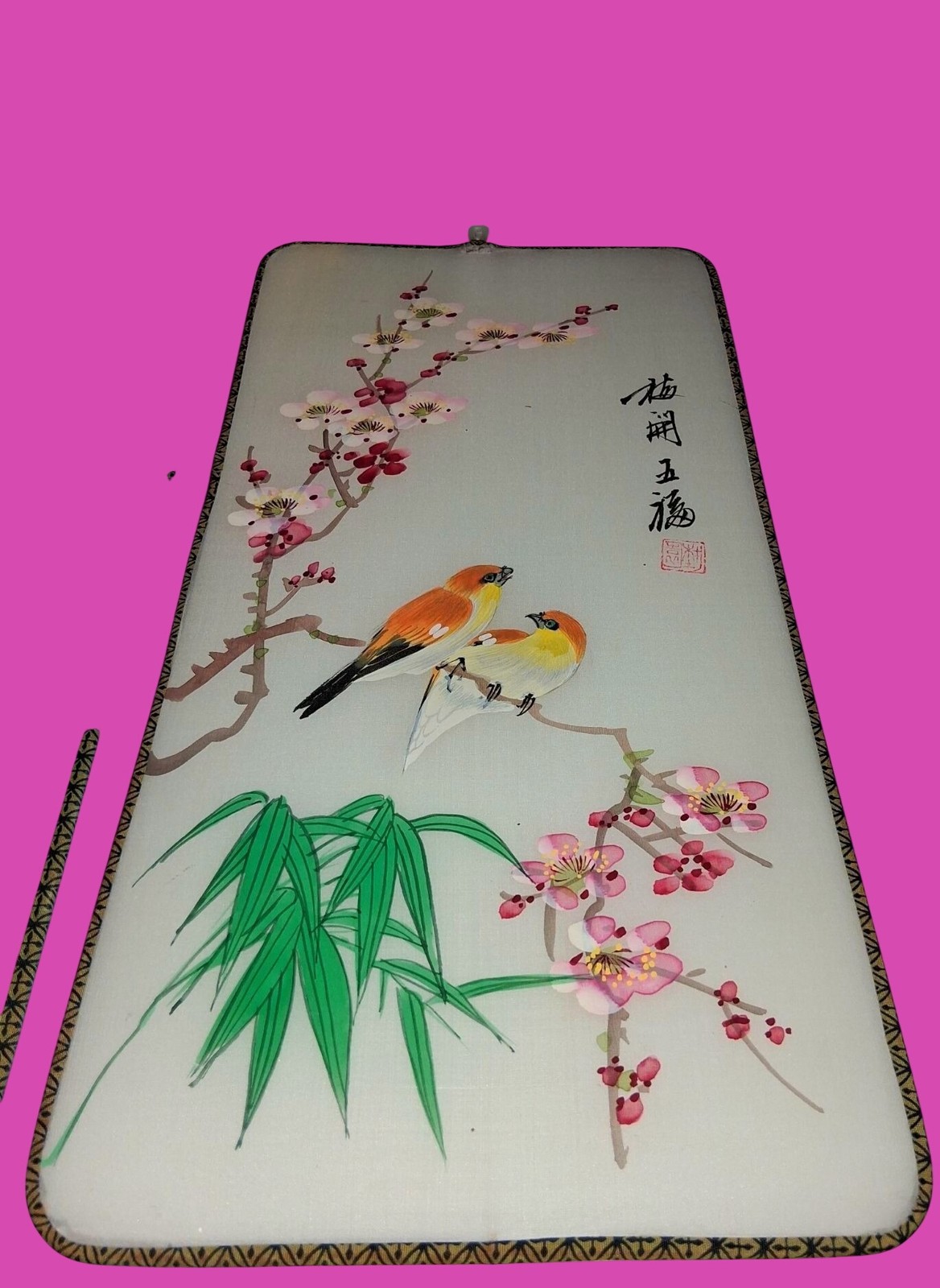 Lot of 3•Vintage Hand-Painted Chinese Silk Wall Art With Birds Flowers PLUS Guan