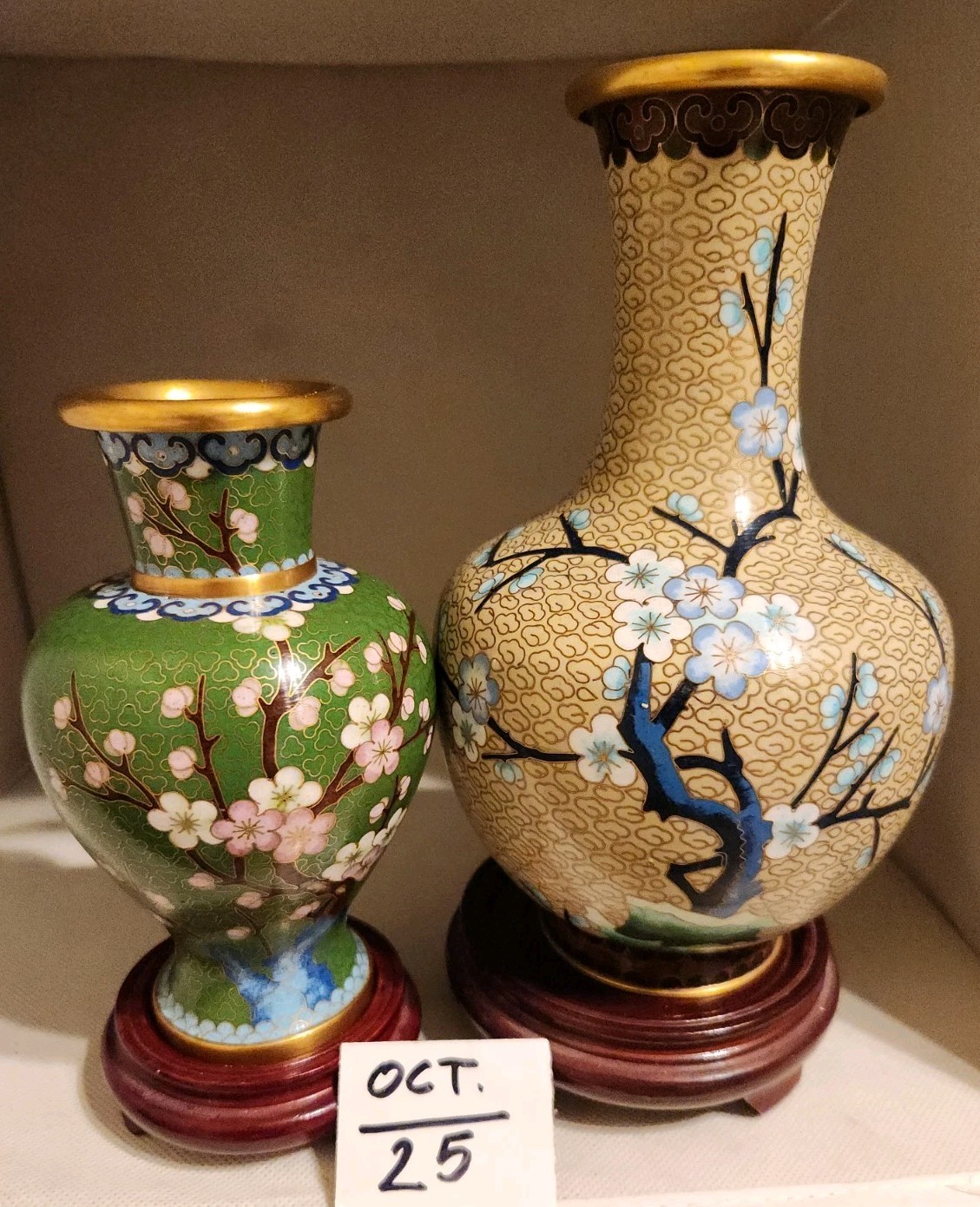 2-CLOISONNE VASES BRASS-COPPER 1-6″GREEN &1-TAN 8″H W/CHERRY TREE ENAMEL FLOWERS