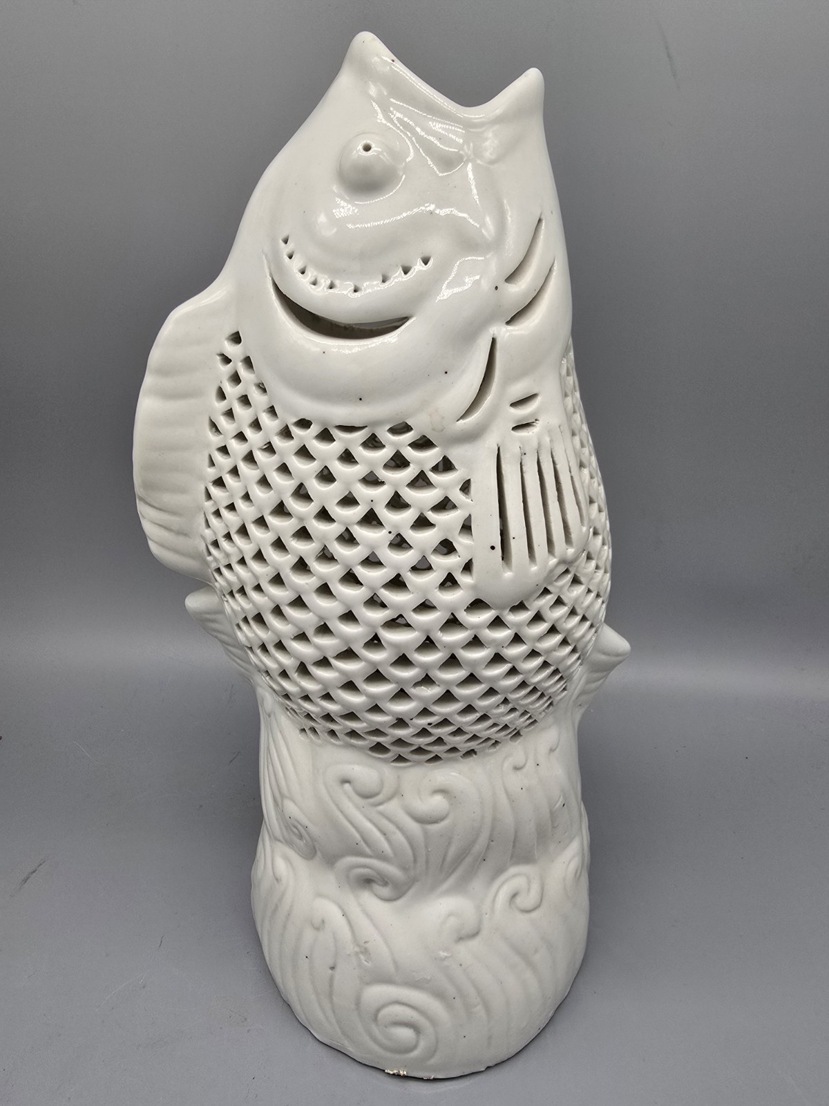 Vintage Blanc De Chine Koi Fish Votive Lamp Base Sculpture 10 1/2″