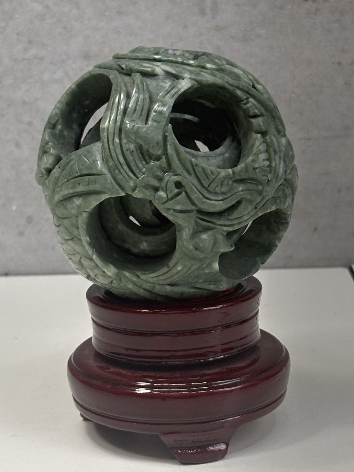 Chinese Carved Green Stone Puzzle Ball Dragon Concentric Sphere Wood Stand