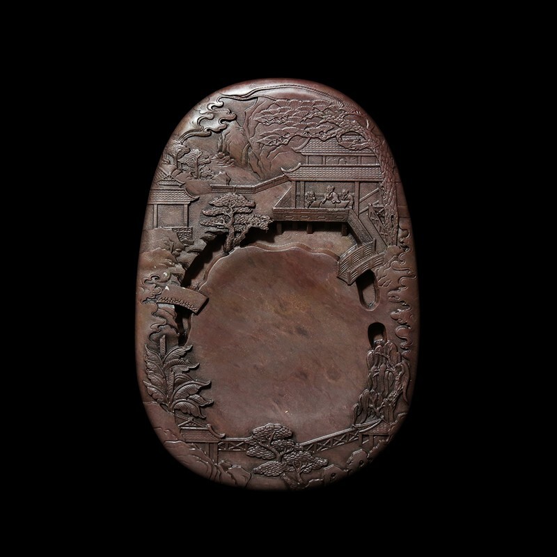 8″China Natural Original Stone Hand-carved House Figure Scenery Inkstone Inkslab