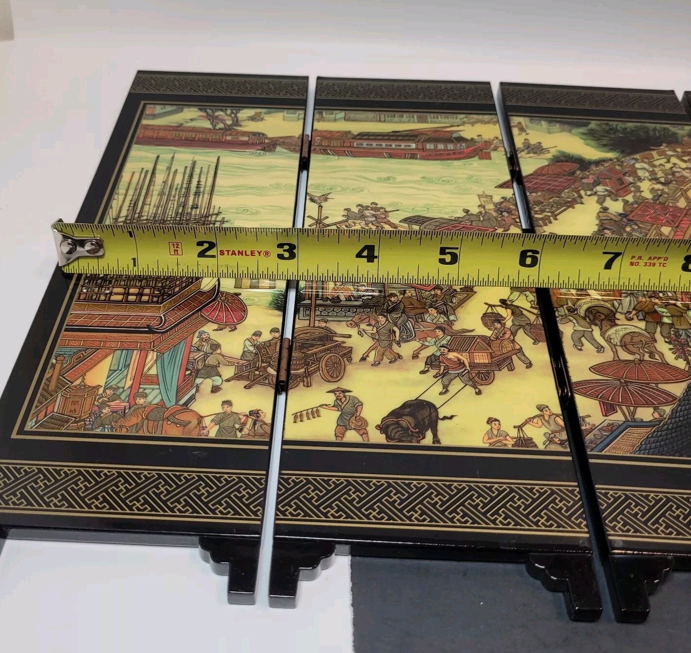 Asian Tabletop Folding Screen 4 Panels 2 Sided Festival Scene Acrylic 9.5×18″
