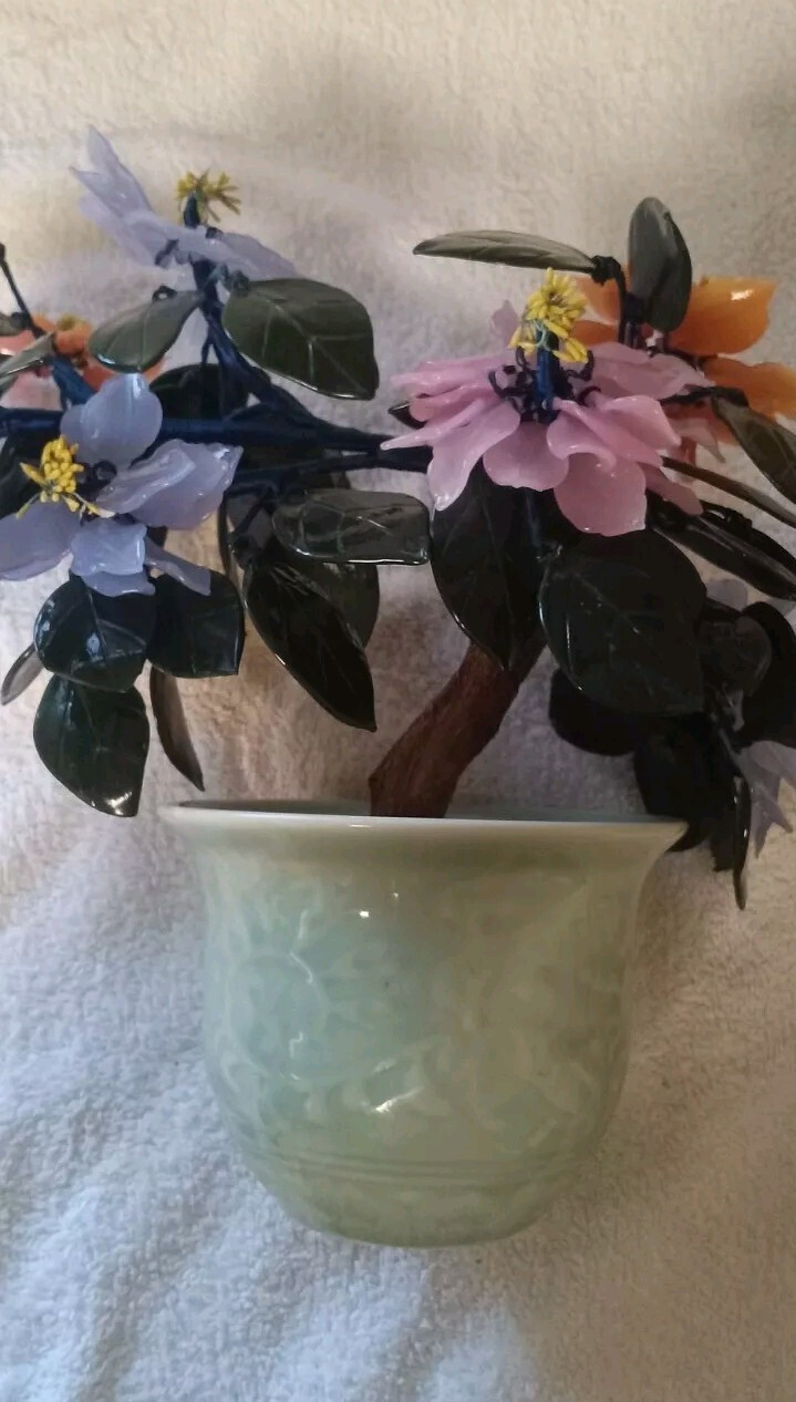 Vintage Jade Glass Flower Arrangement In Vase