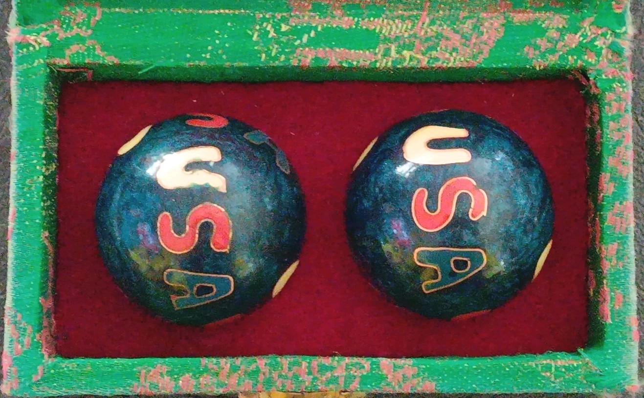 Vtg Chinese Baoding Cloisonné Balls with Brocade Box “USA” Flag Design