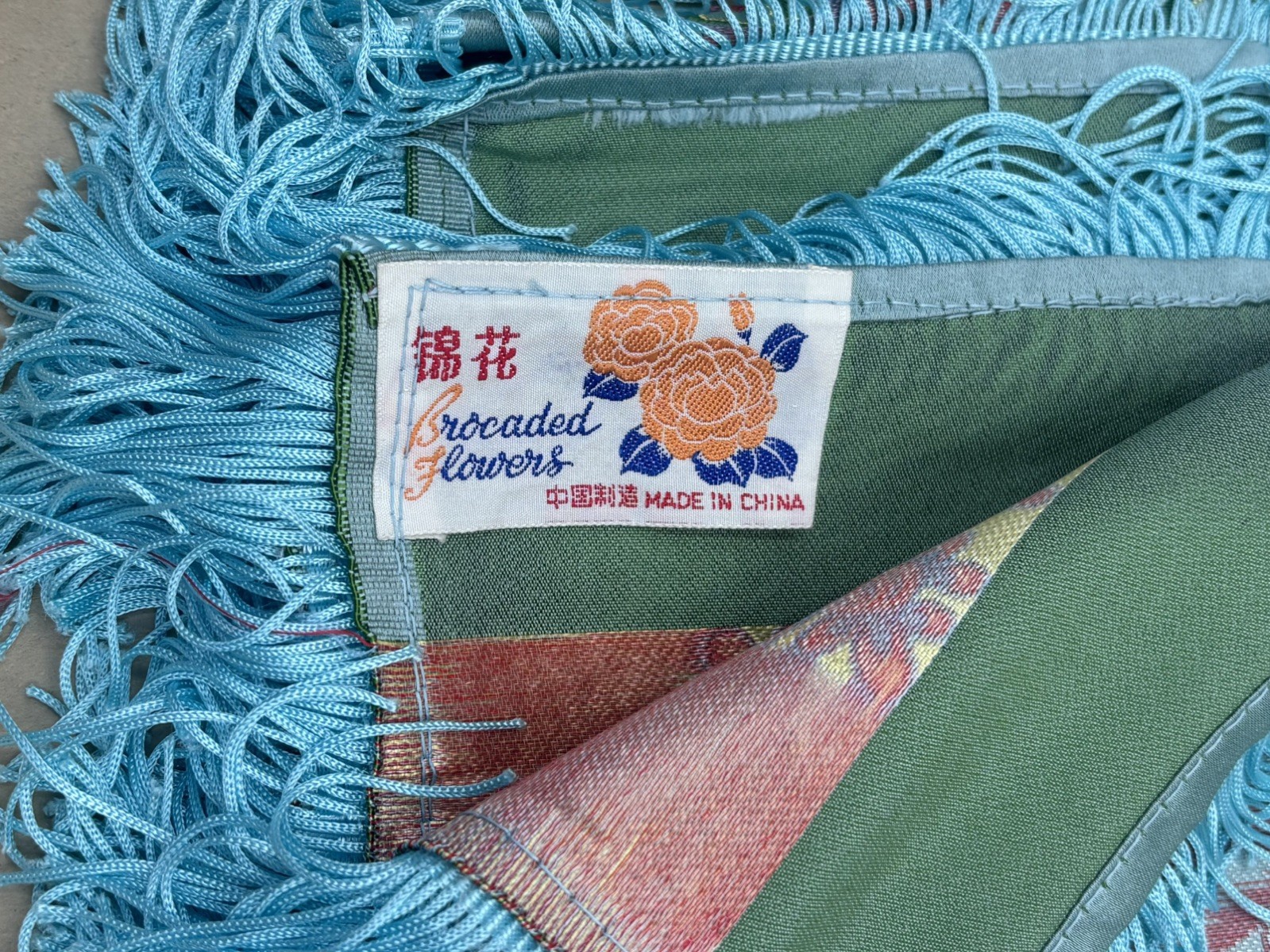 Vintage Silk Brocaded Flowers China Tapestry Table Cloth Box Bright Blue Fringe