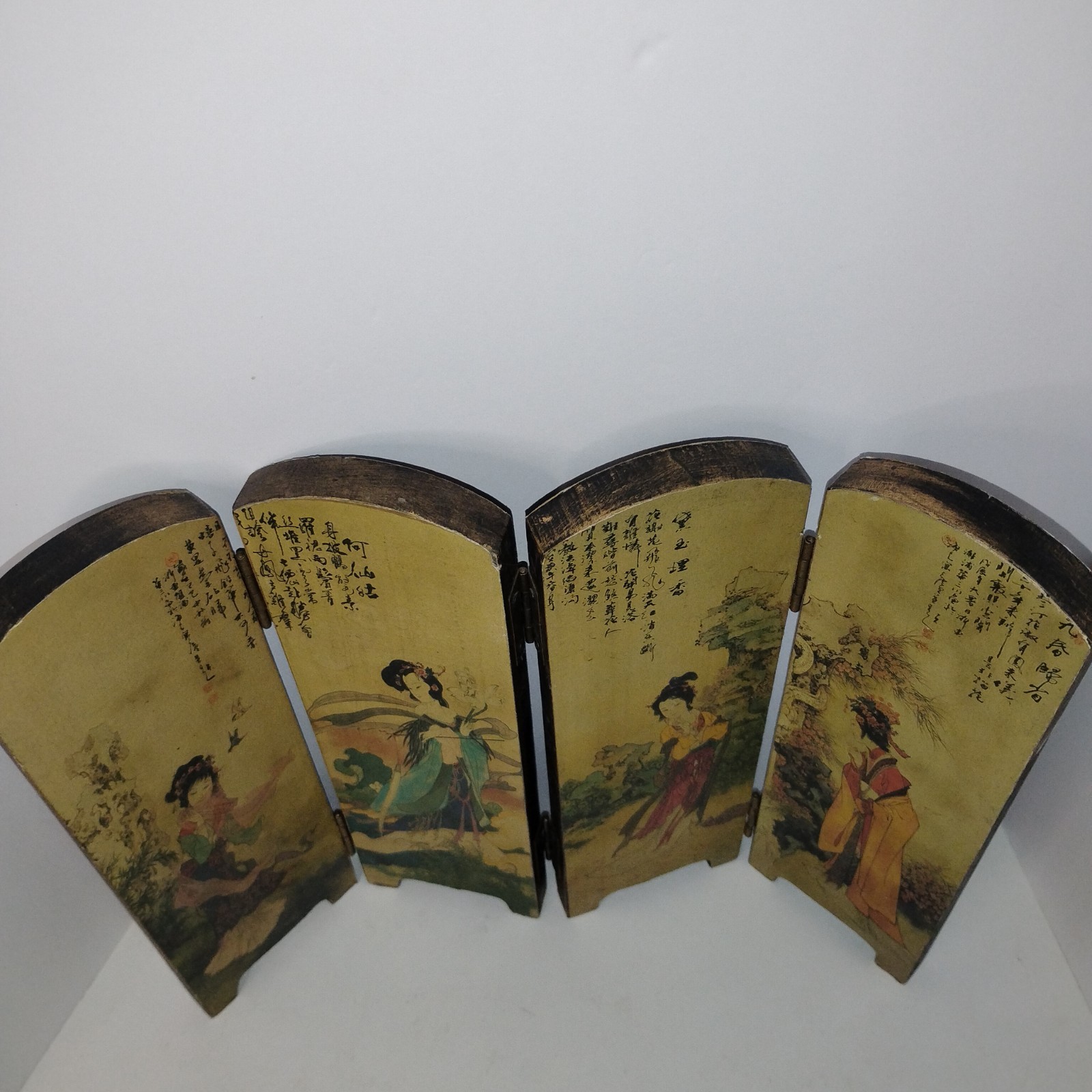 Vintage Chinese Folding Table Top Screen Handpainted 4 Panel 2 Sided Wooden
