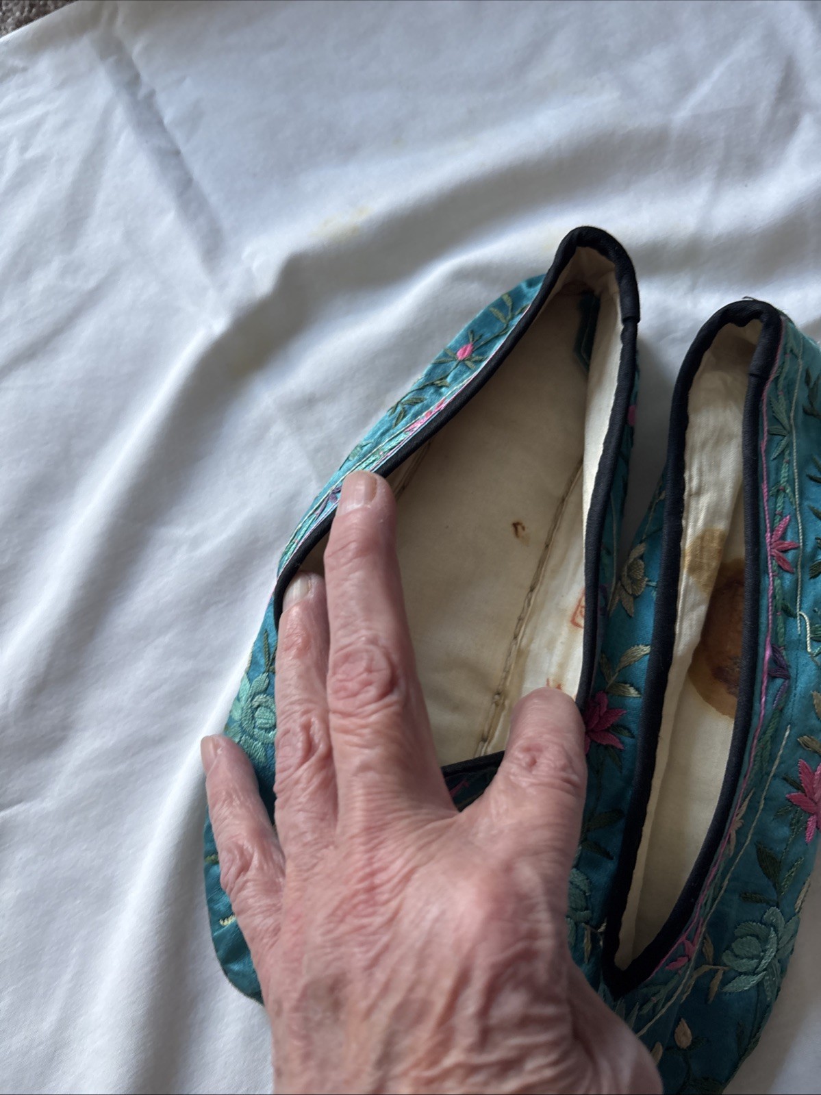 Antique Asian Silk Embroidered Shoes Small Size, Narrow. Very Colorful