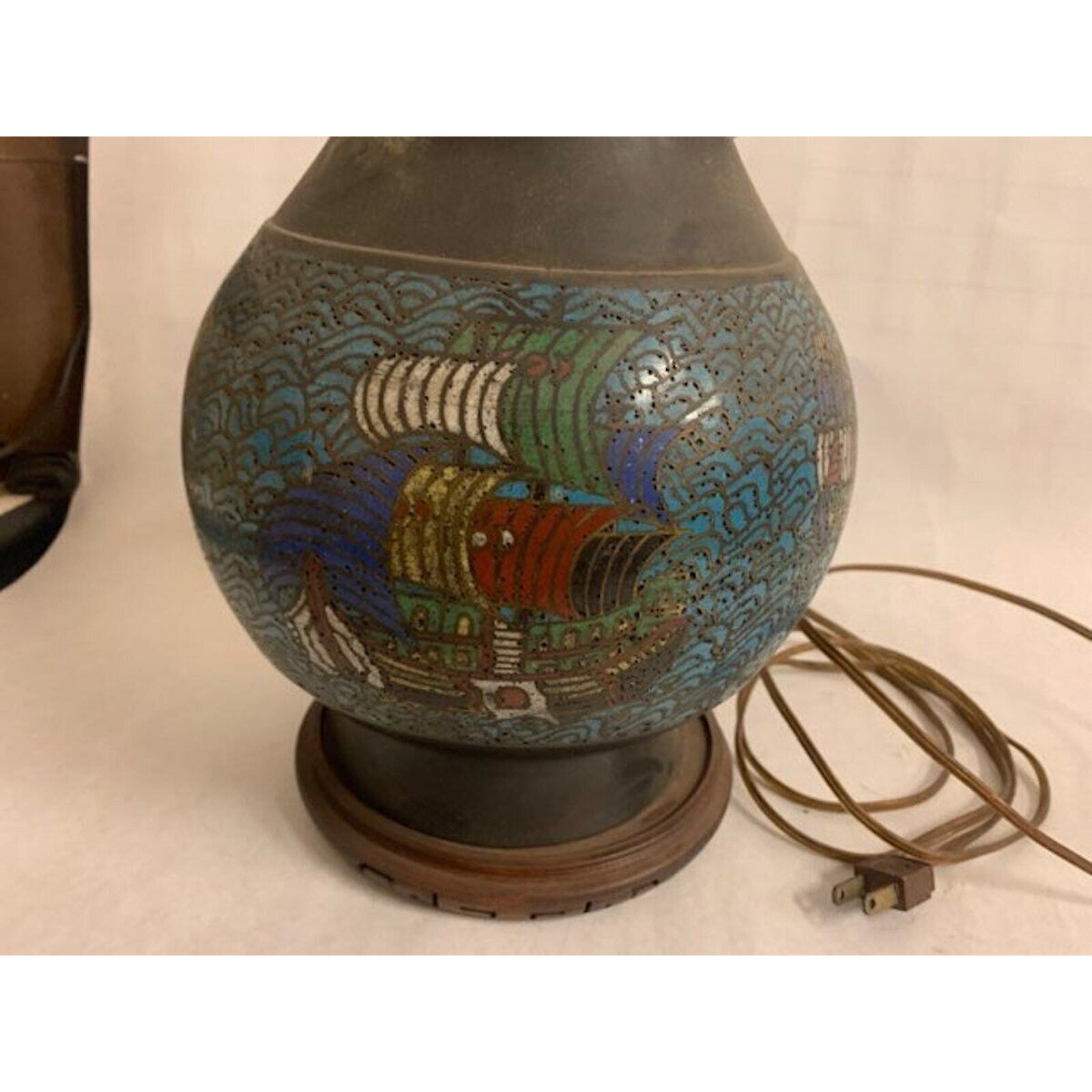 LARGE ANTIQUE CHINESE CHAMPLEVE CLOISONNE Enamel Bronze Vase Table Lamp Boat …