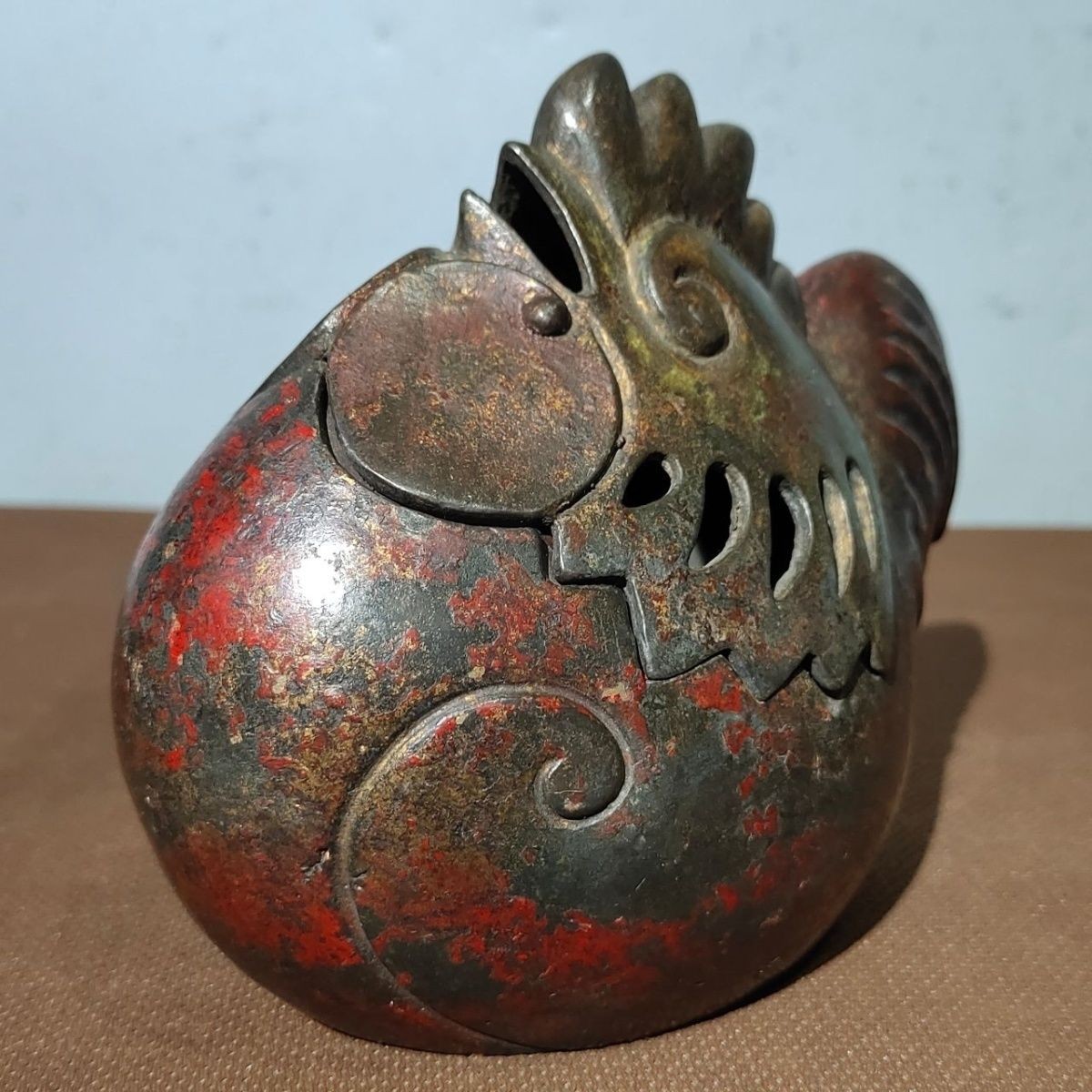 Vintage Solid Copper Mud Rooster Incense Burner Hollow Split Censer Home Decor