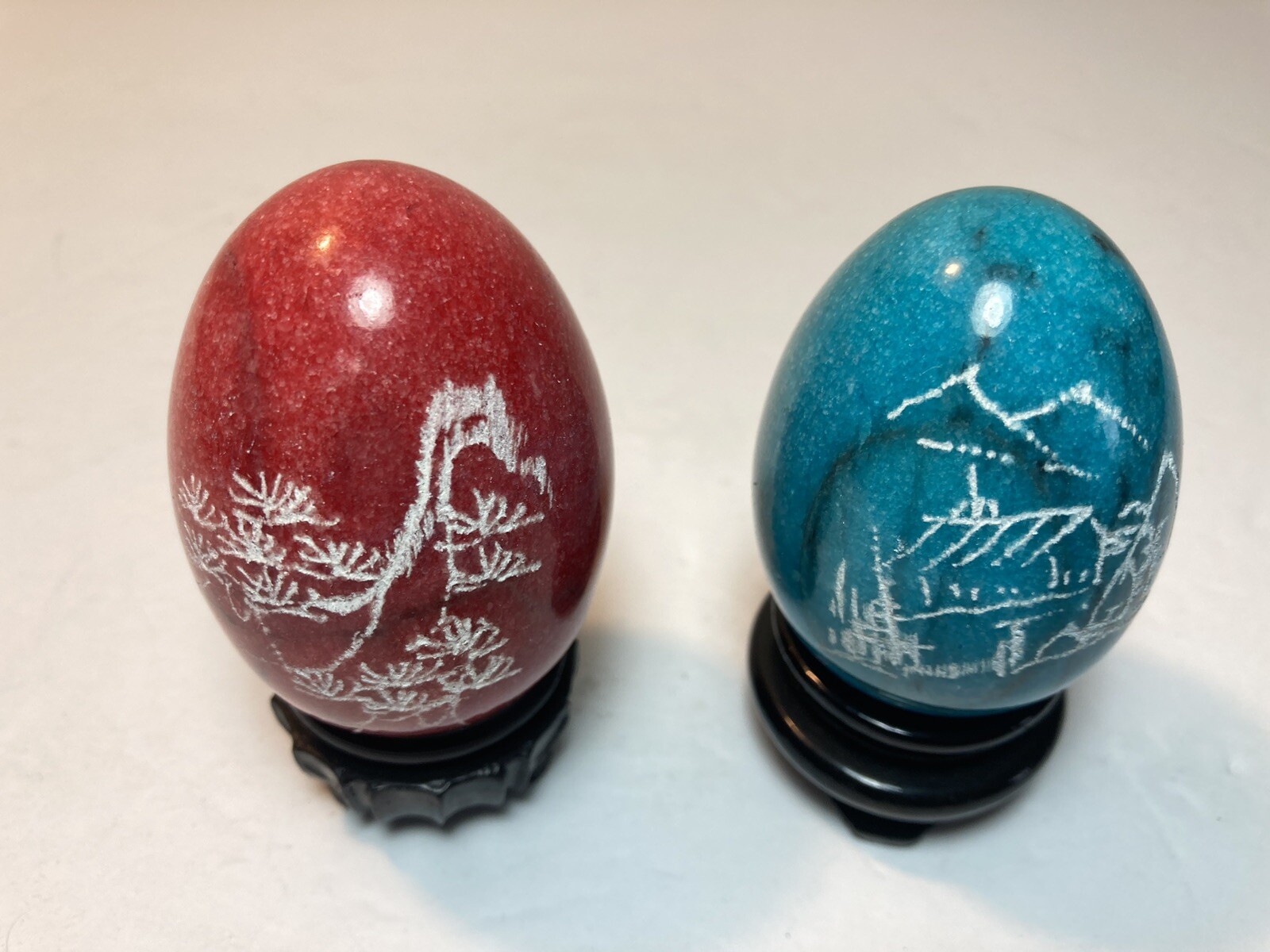 2 Vintage Chinese Hand Etched Painted Marble Stone Egg Monk Stand 2.5”