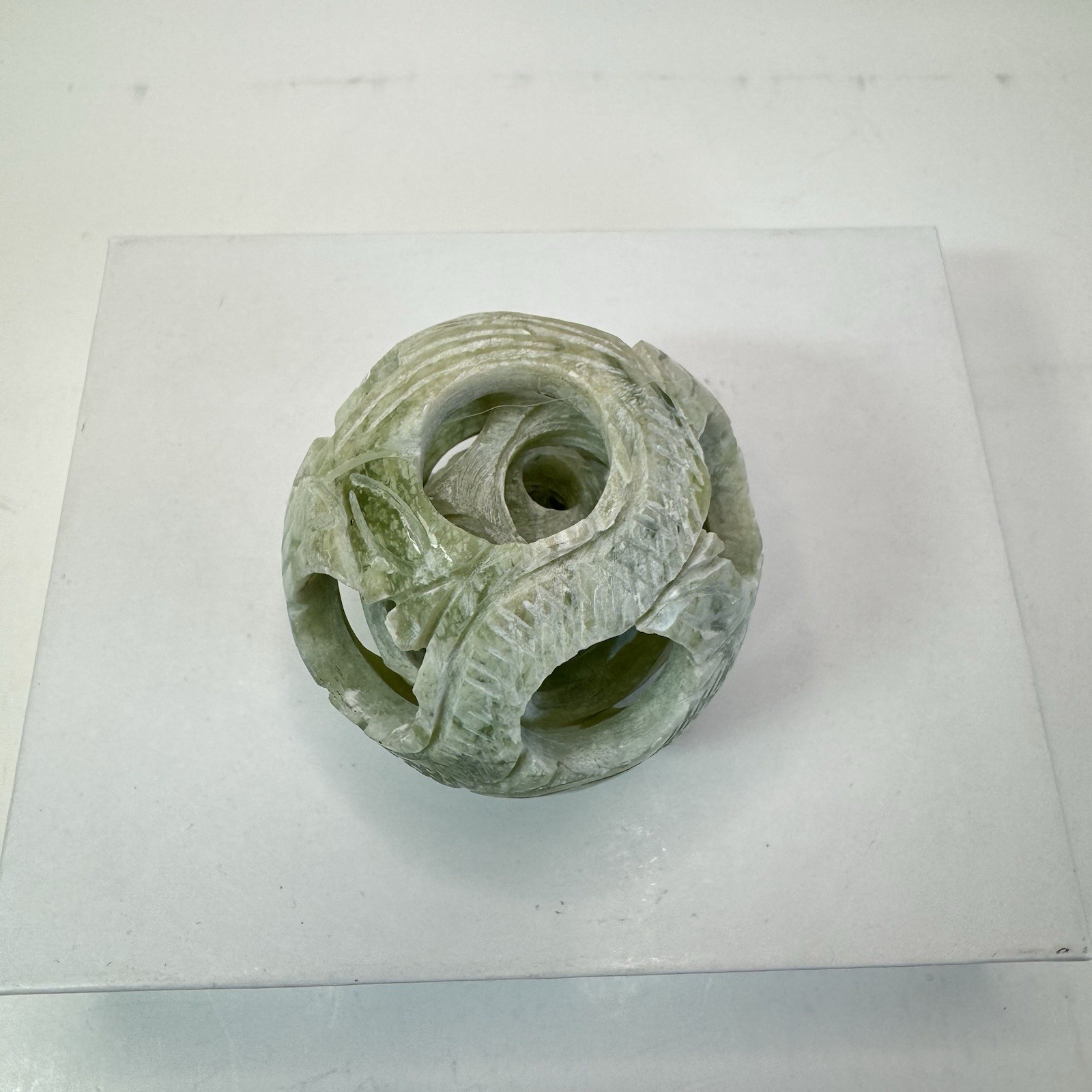 Vintage Chinese Carved Jade Stone Puzzle Ball Sphere 4-Layers Deep 2”