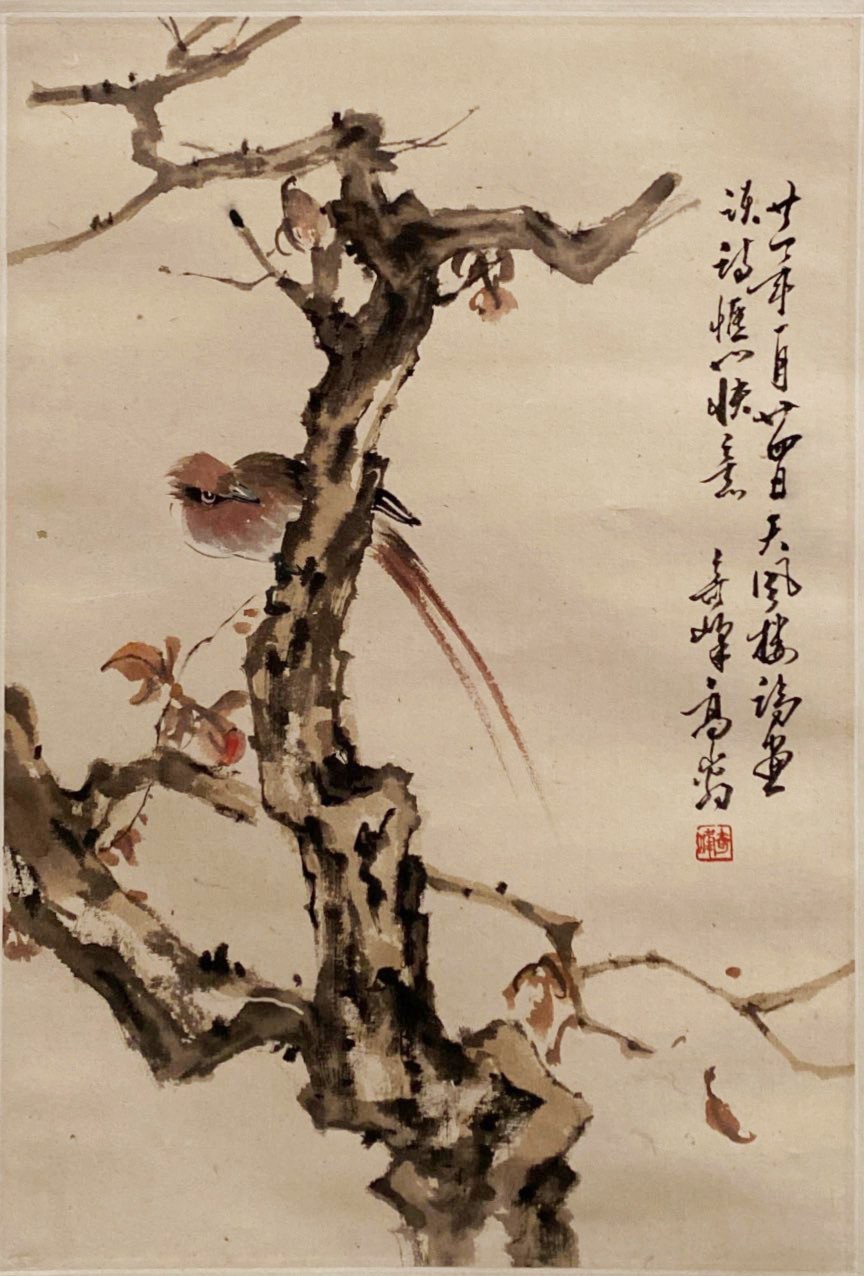 Chinese Hanging Scroll Painting, Ink and color on paper, depicting bird & trees