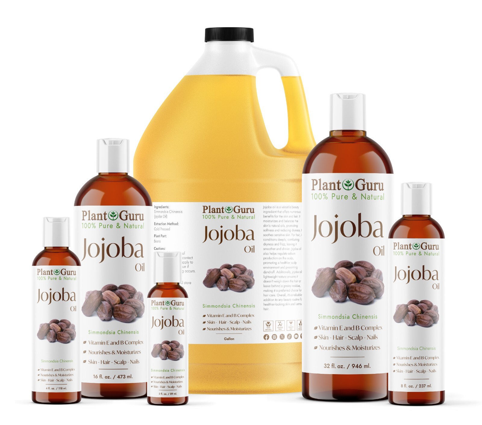 Golden Jojoba Oil Gallon 7.5 lbs. 100% Pure Cold Pressed For Hair, Face, Massage