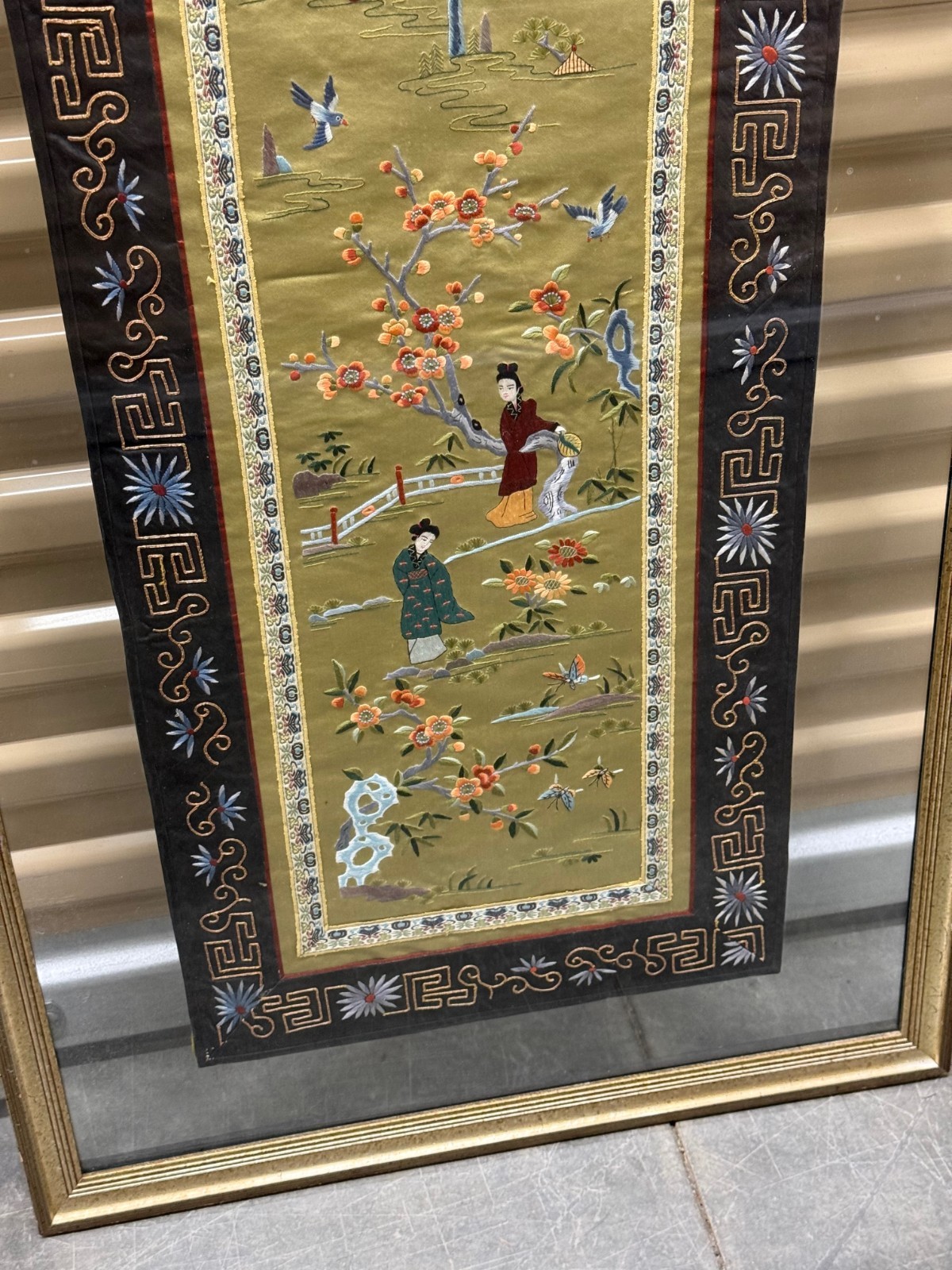 Vintage 1960s Set of 2 Chinese Silk Hand Embroidered Tapestry in Frame-Dun Huang