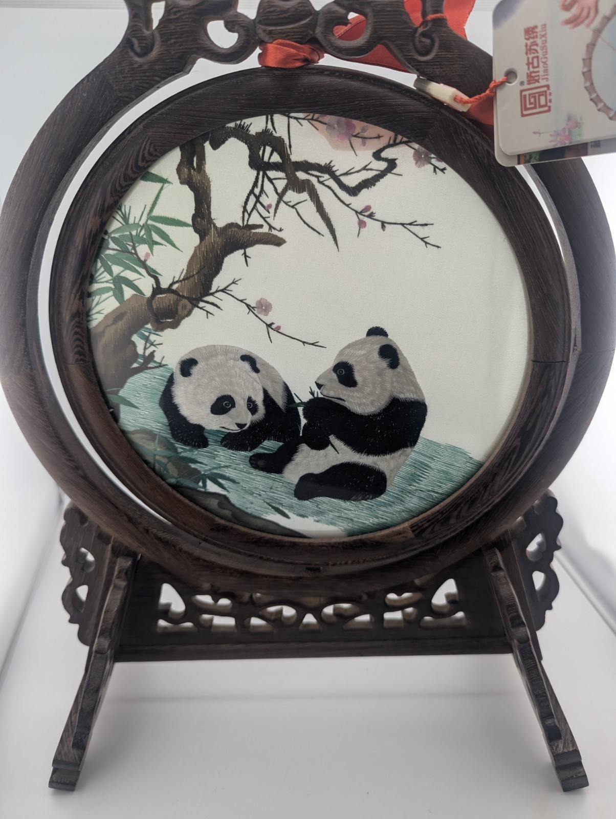 Handmade Chinese Double-Sided Silk Embroidery Panda Art Wood Stand Su Zhou