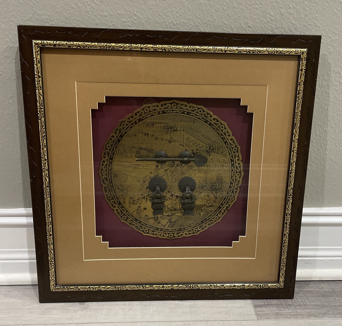 Chinese Shadow Box Oriental Asian Framed Wall Hanging Gold Metal Black Iron