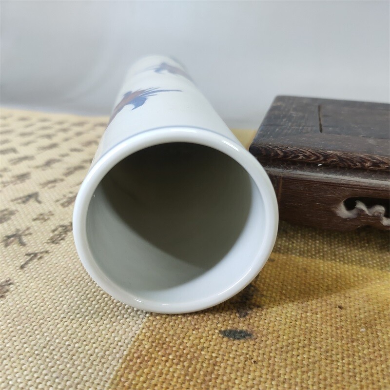 9.2″China Qing Blue White Porcelain Red Glaze Longevity Peach Bat Incense Tube