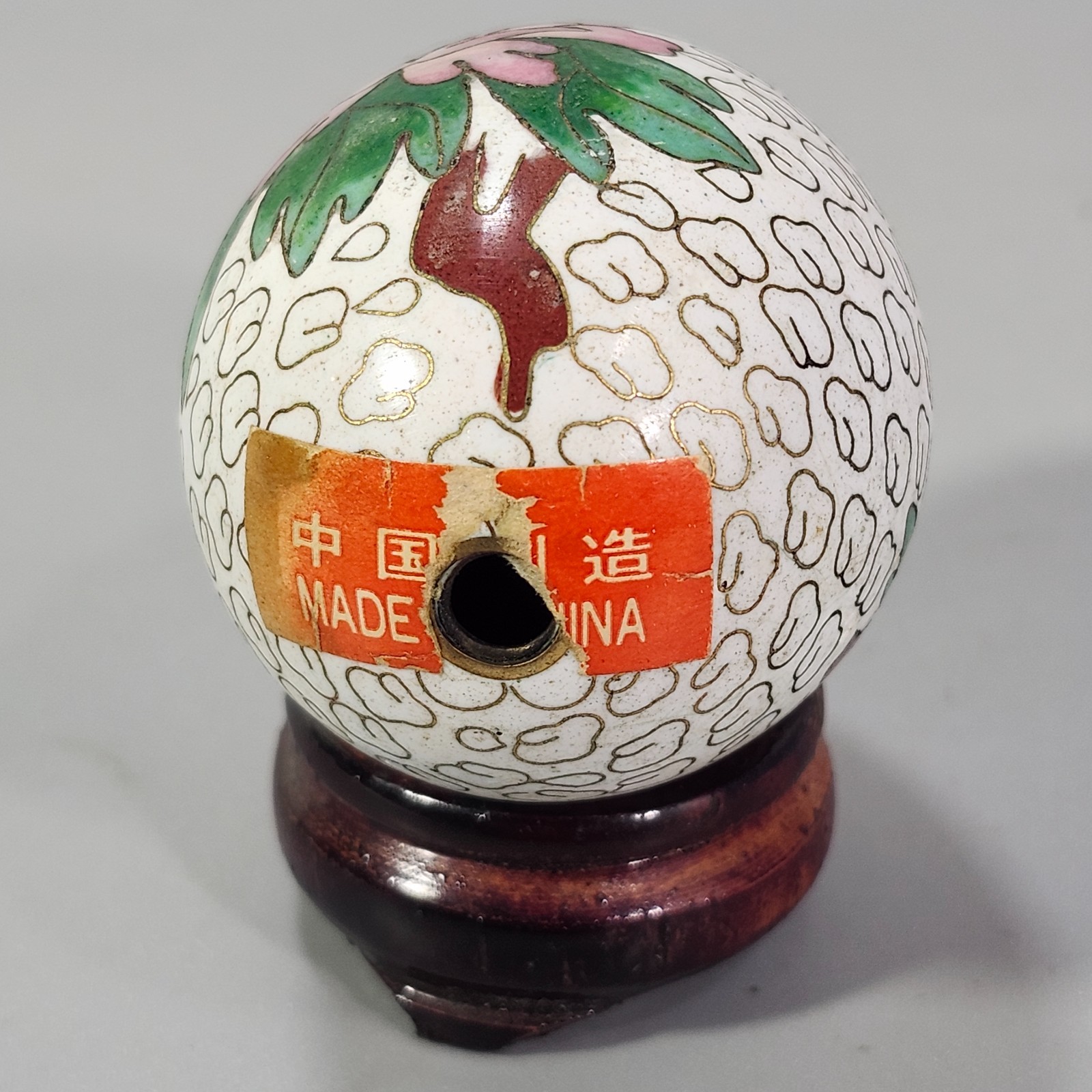 Asian Decor Chinese Cloisonne Egg on Stand 3” White with Cloud and Floral Art