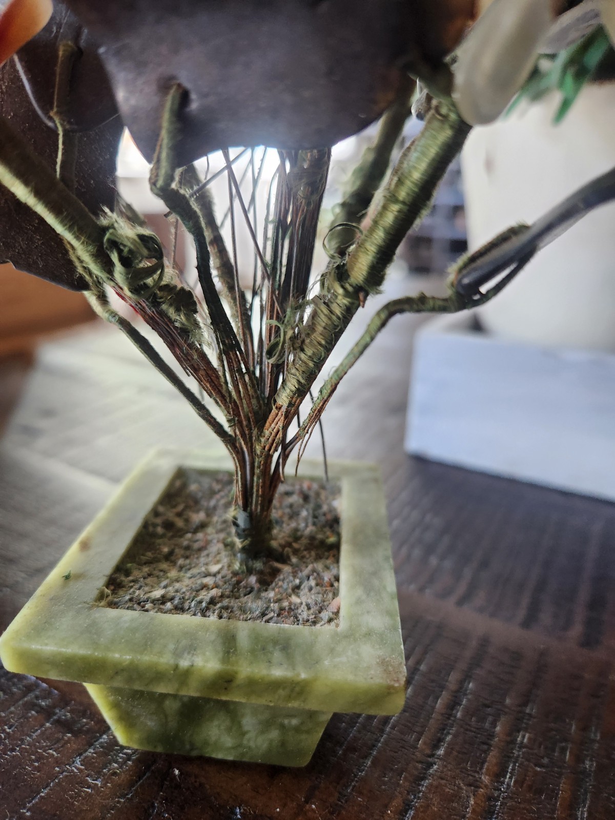 Vintage Chinese Jade And Multi Color Semi Precious Stone Flower Bonsai Tree