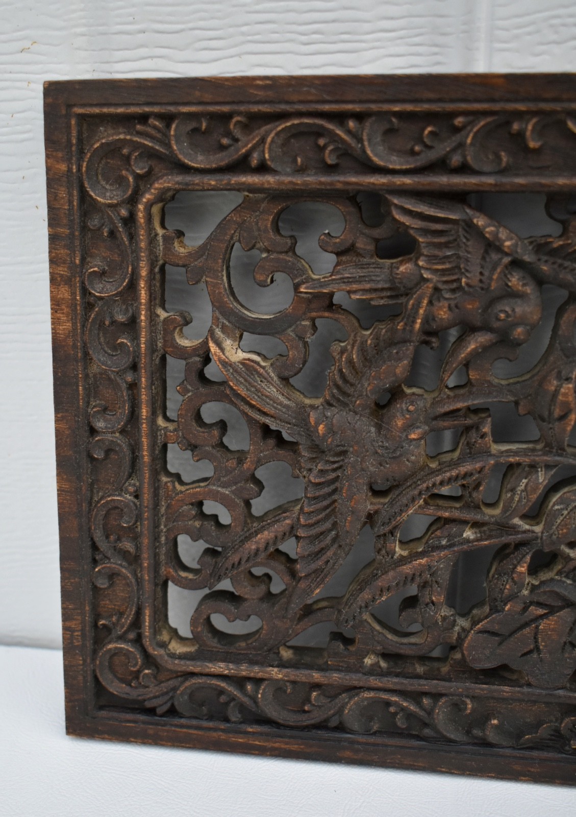 Vintage Hand Carved Chinese Plaque with Birds & Floral Details