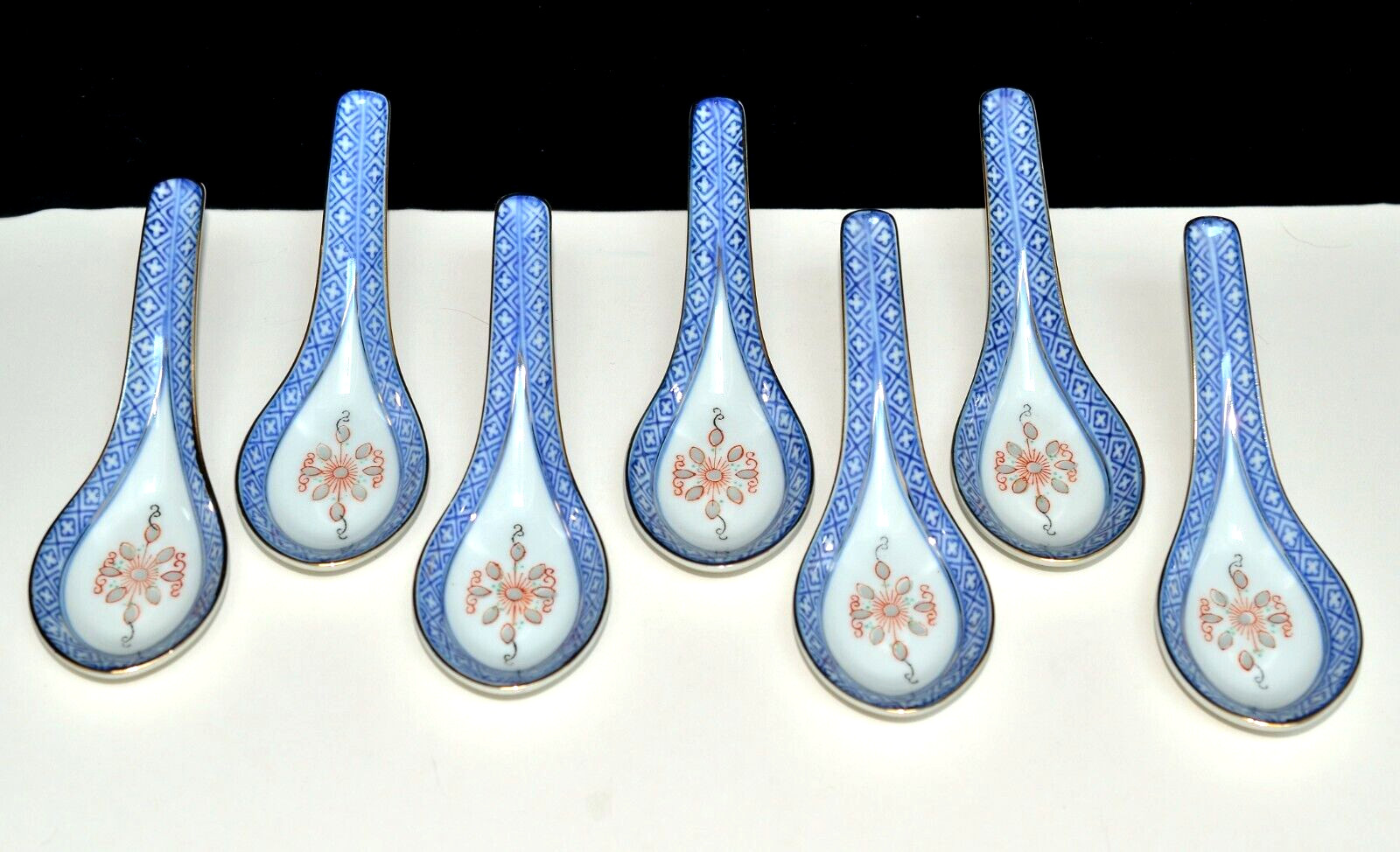 Chinese Rice Eye Grain * 7 SPOONS * Porcelain, Blue White Flower Oriental, EXC
