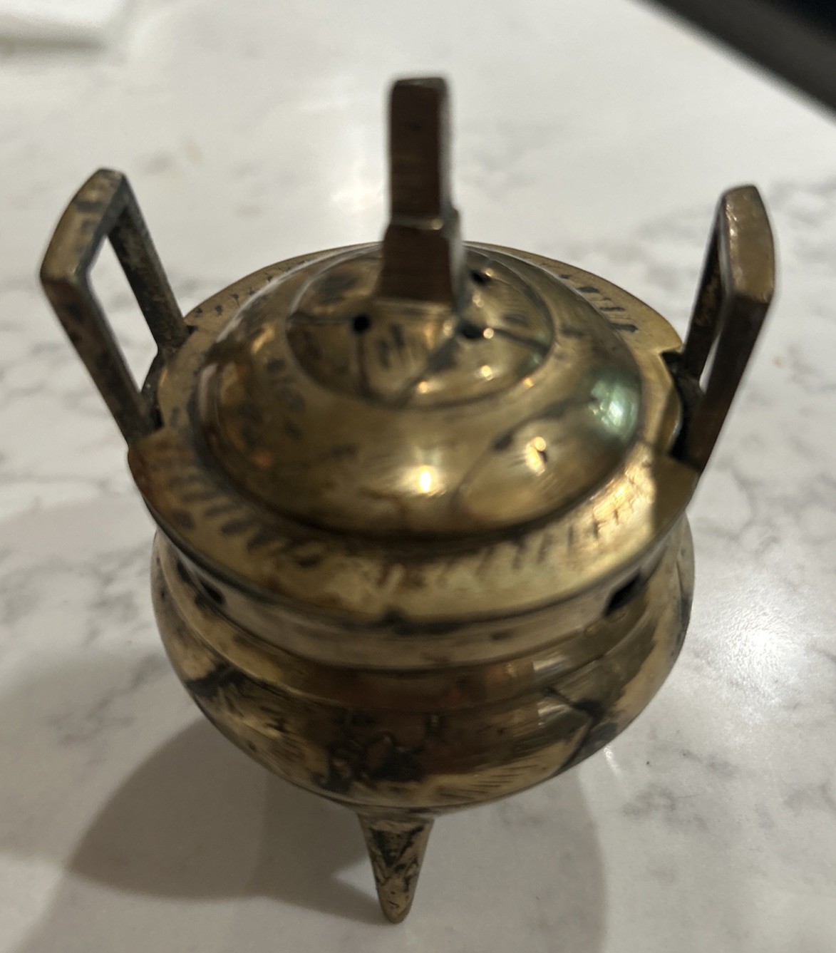 Old Vintage Marked 3″ Chinese Brass Footed Incense Burner Tri Footed Marked