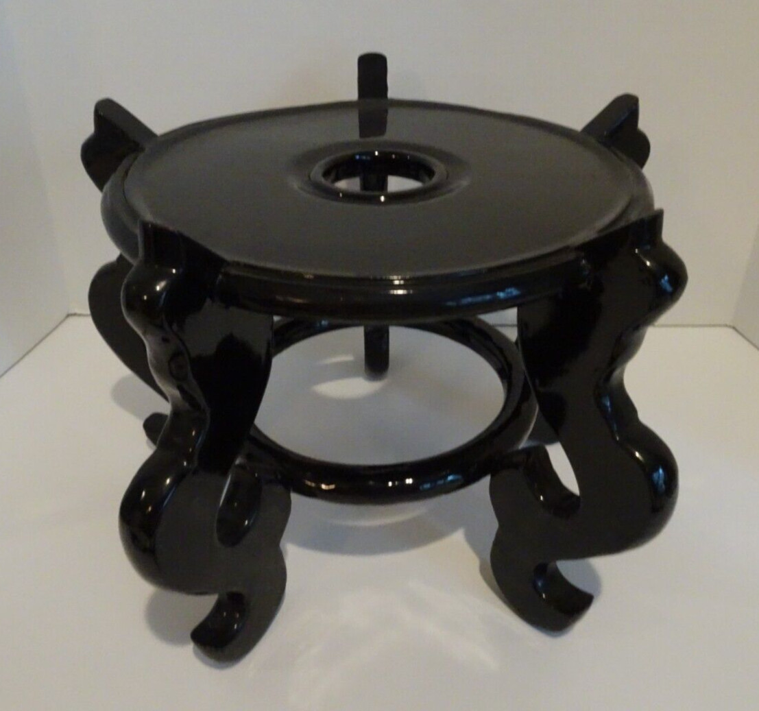 Asian Wood Stand 5 Leg Carved Pedestal Holds pot =10″ Diameter High Gloss Black