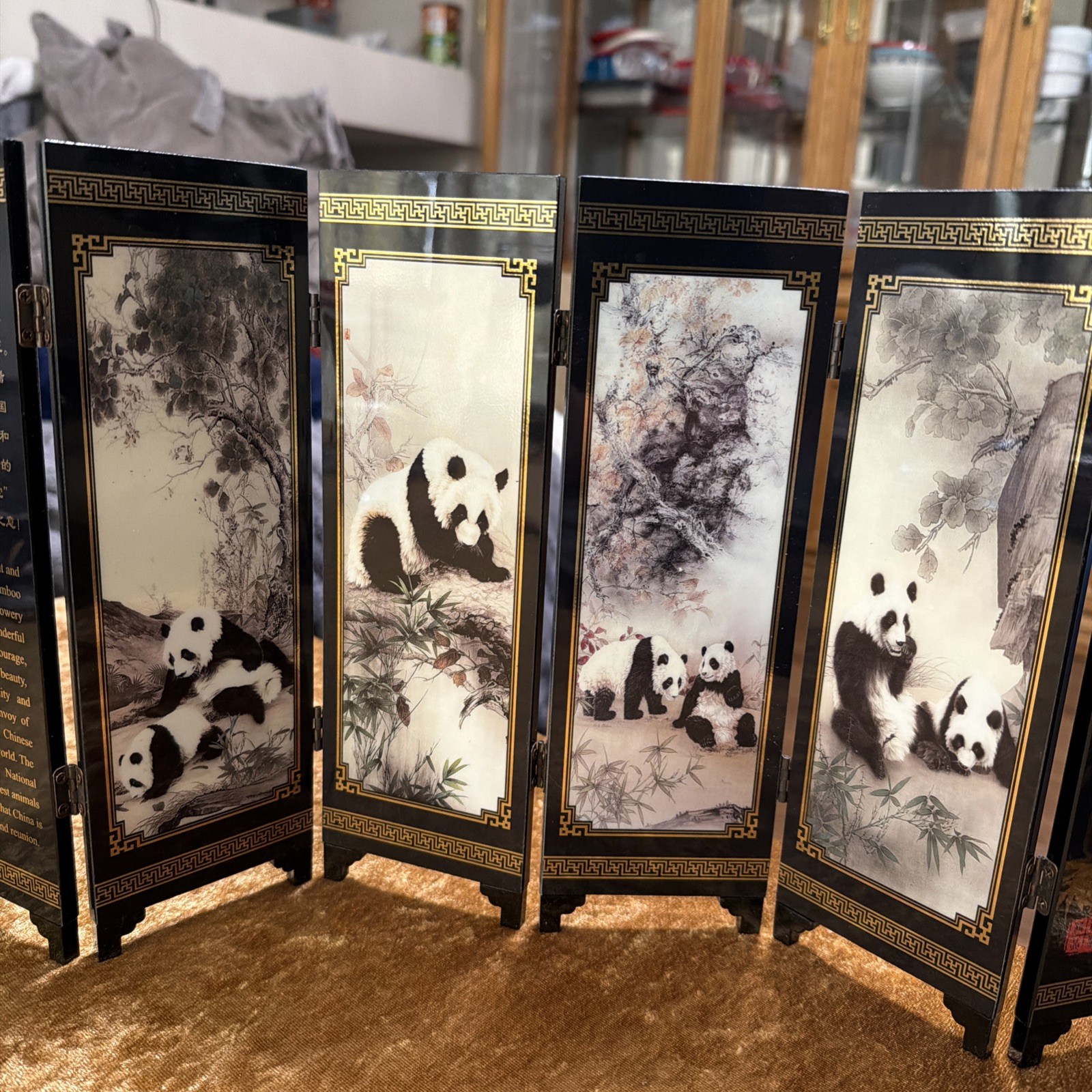 An Imitation Of An Ancient Small Screen 6 Folding Lacquered Panels Giant Pandas