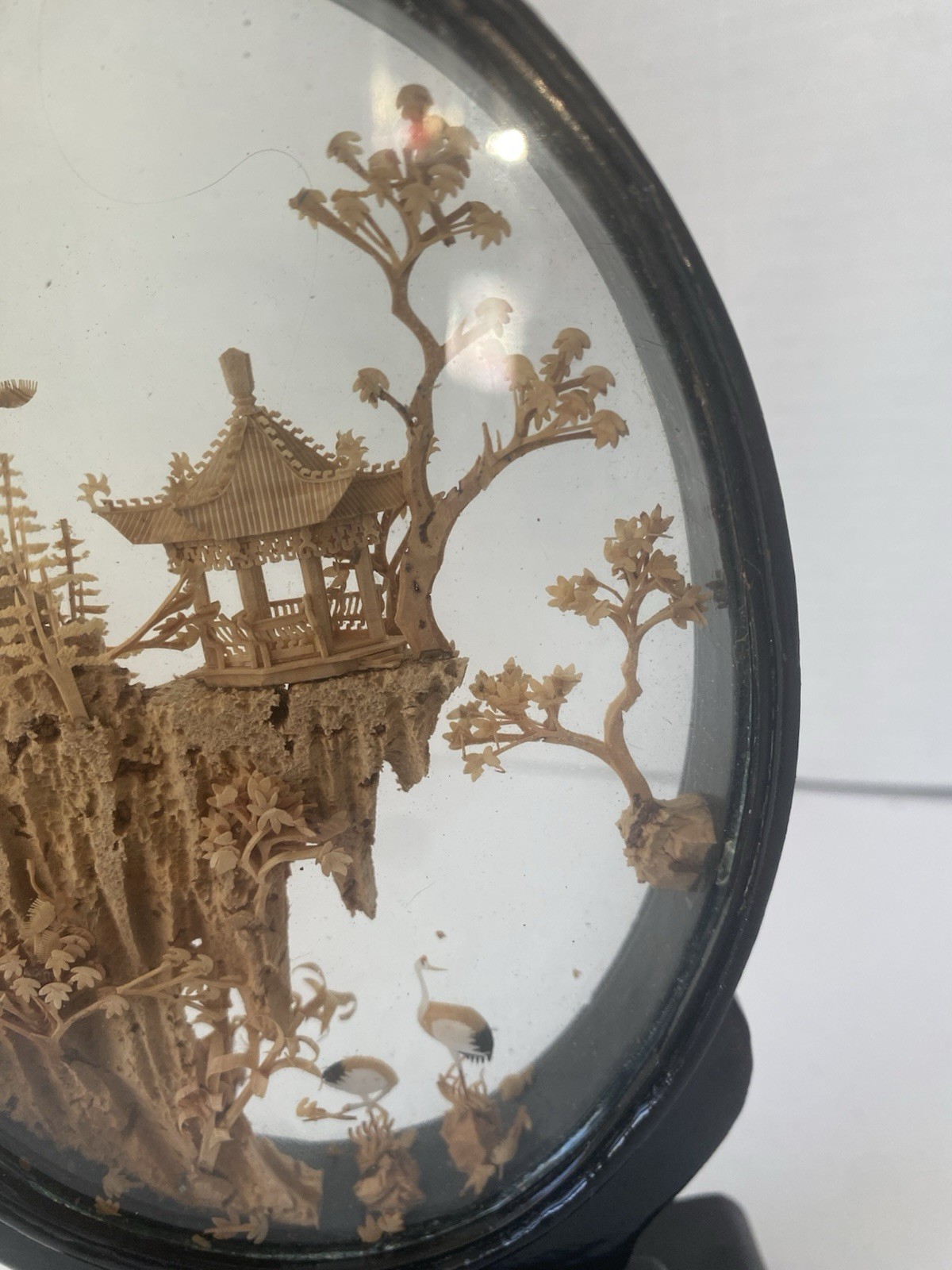 VTG Oriental Hand Carved Cork Art Diorama Pagoda Lacquer Frame Asian Chinese