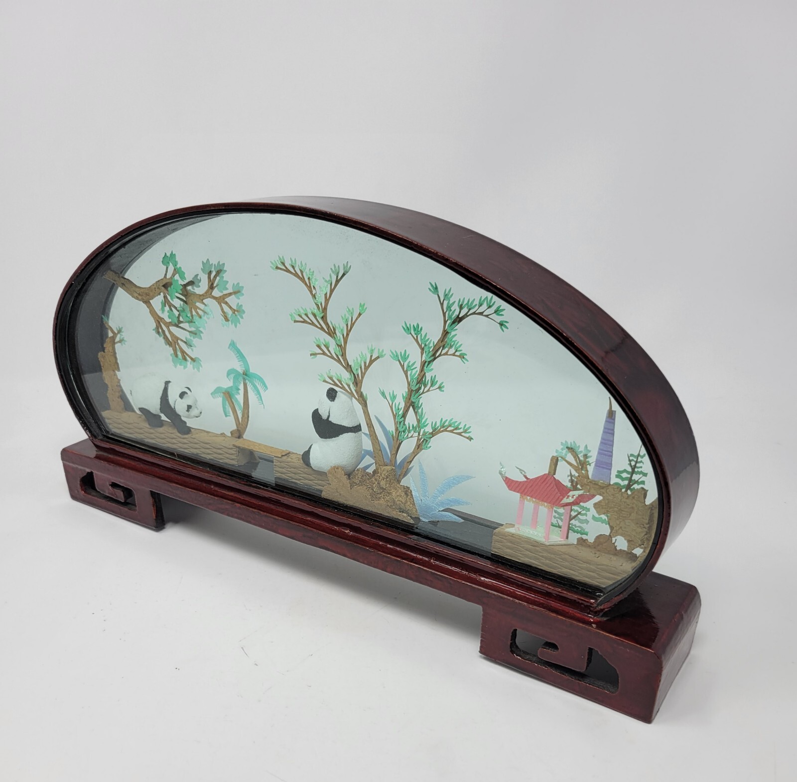 Vintage Chinese SAN YOU Diorama Art Pagoda With Trees & Pandas 1980s 14″ By 7″