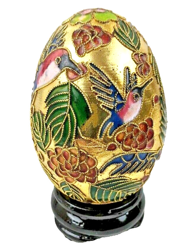 Large 4″ Enamel Egg Hummingbirds & Flowers Chinese Cloisonne Gold Metal Brass