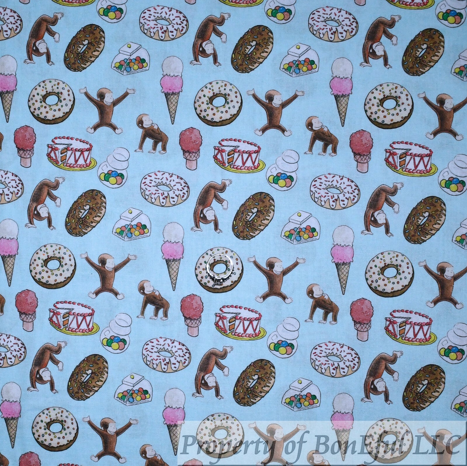 BonEful Fabric FQ Cotton Quilt Blue Curious George Monkey Ice Cream Donut Candy