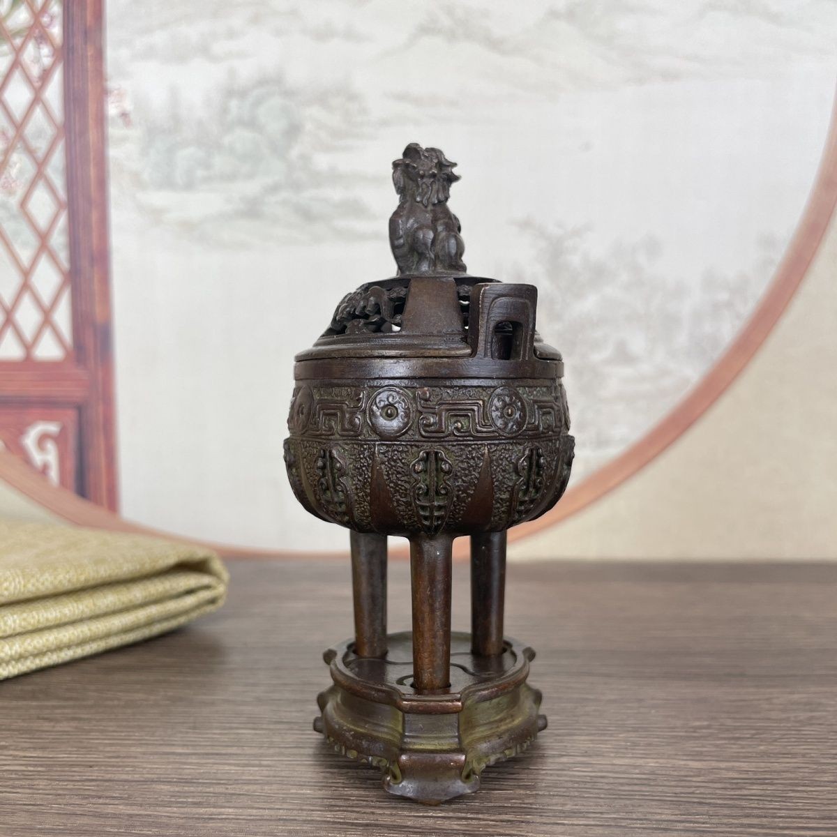 Antique Bronze Tripod Censer Lion Lid Incense Burner Copper Collection Decor