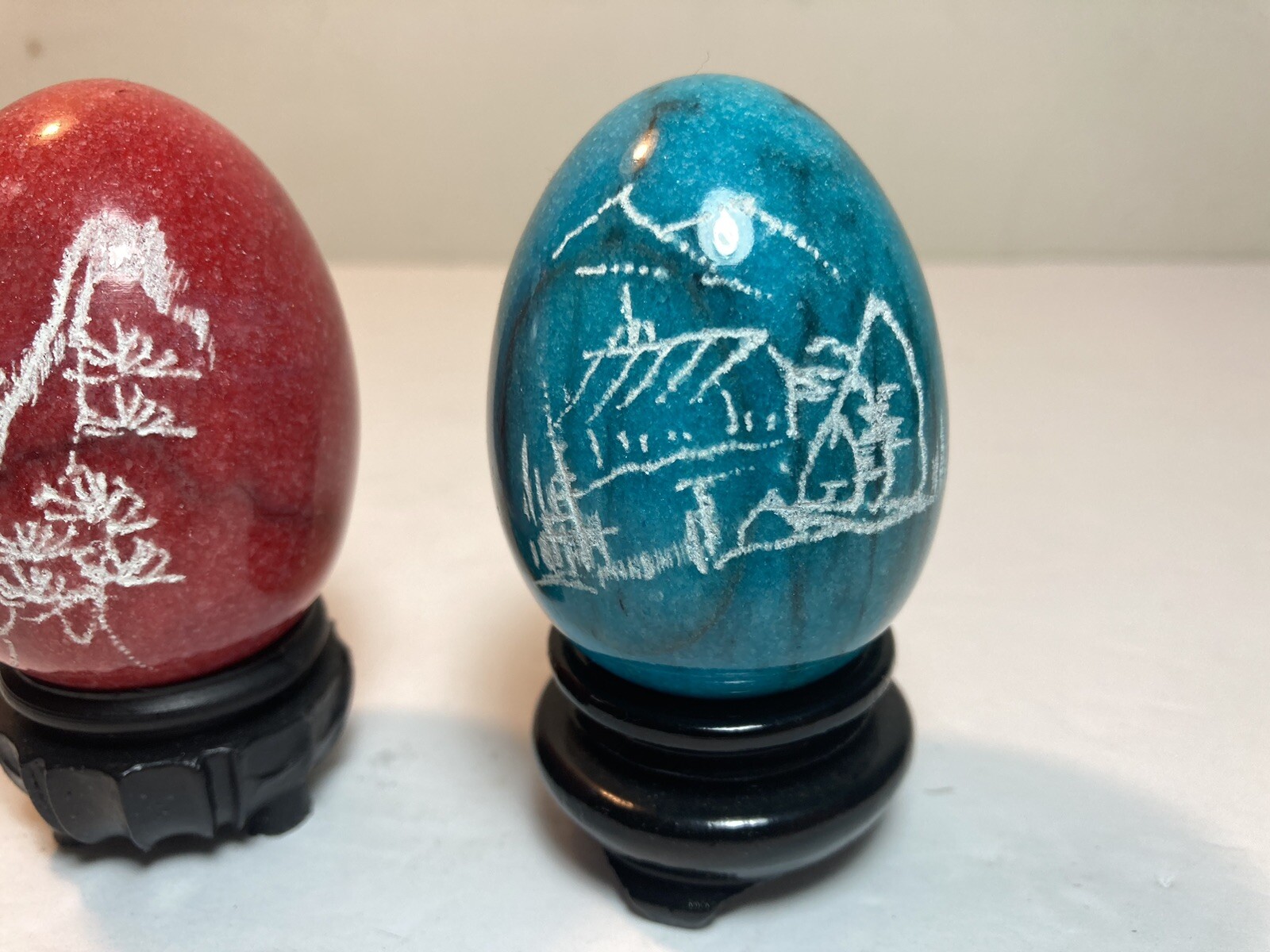 2 Vintage Chinese Hand Etched Painted Marble Stone Egg Monk Stand 2.5”