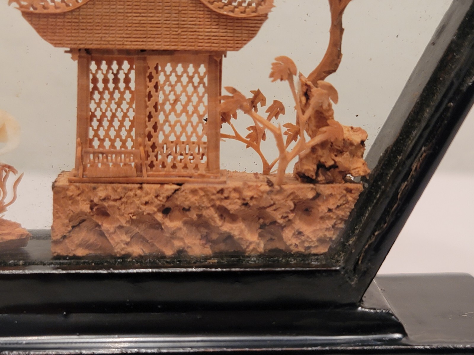 Chinese Cork & Wood Diorama Hand Carved Asian Crane Pagoda Tree Art Glass