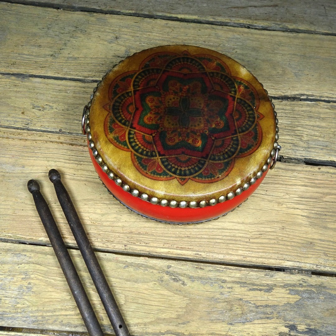 Vintage Hand Painted Cowhide Drum Tibetan Dharma Wheel Decor 25cm